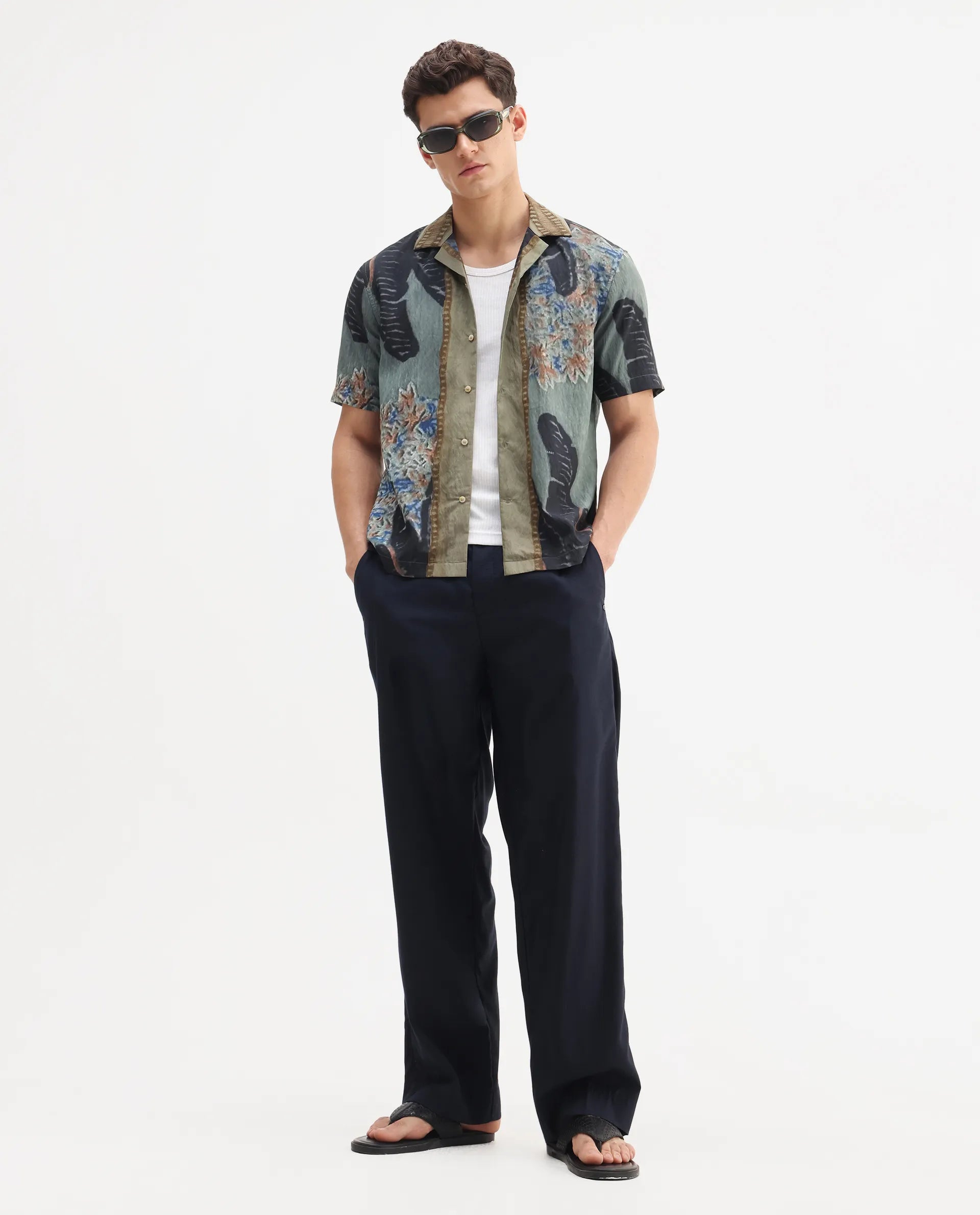 Rare Rabbit Men's Silk Dusky Green Viscose Blend Tropical Print Relaxed Fit Half Sleeve Cuban Collar Shirt