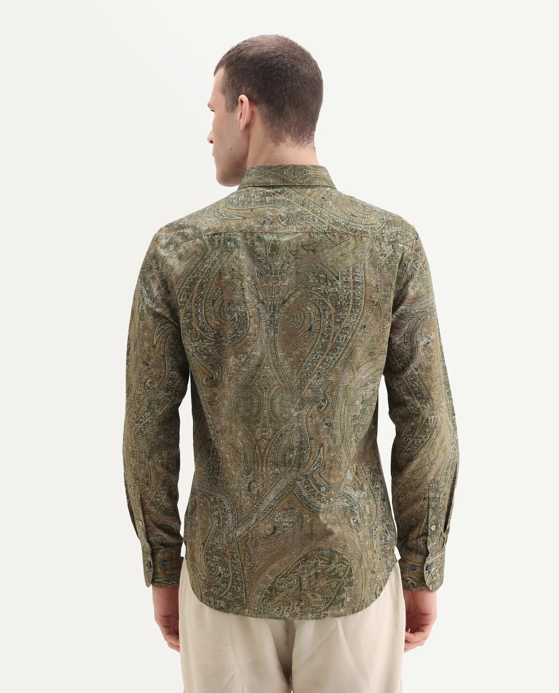 Rare Rabbit Men's Silko Olive Cotton Paisley Print Regular Fit Full Sleeve Collared Shirt