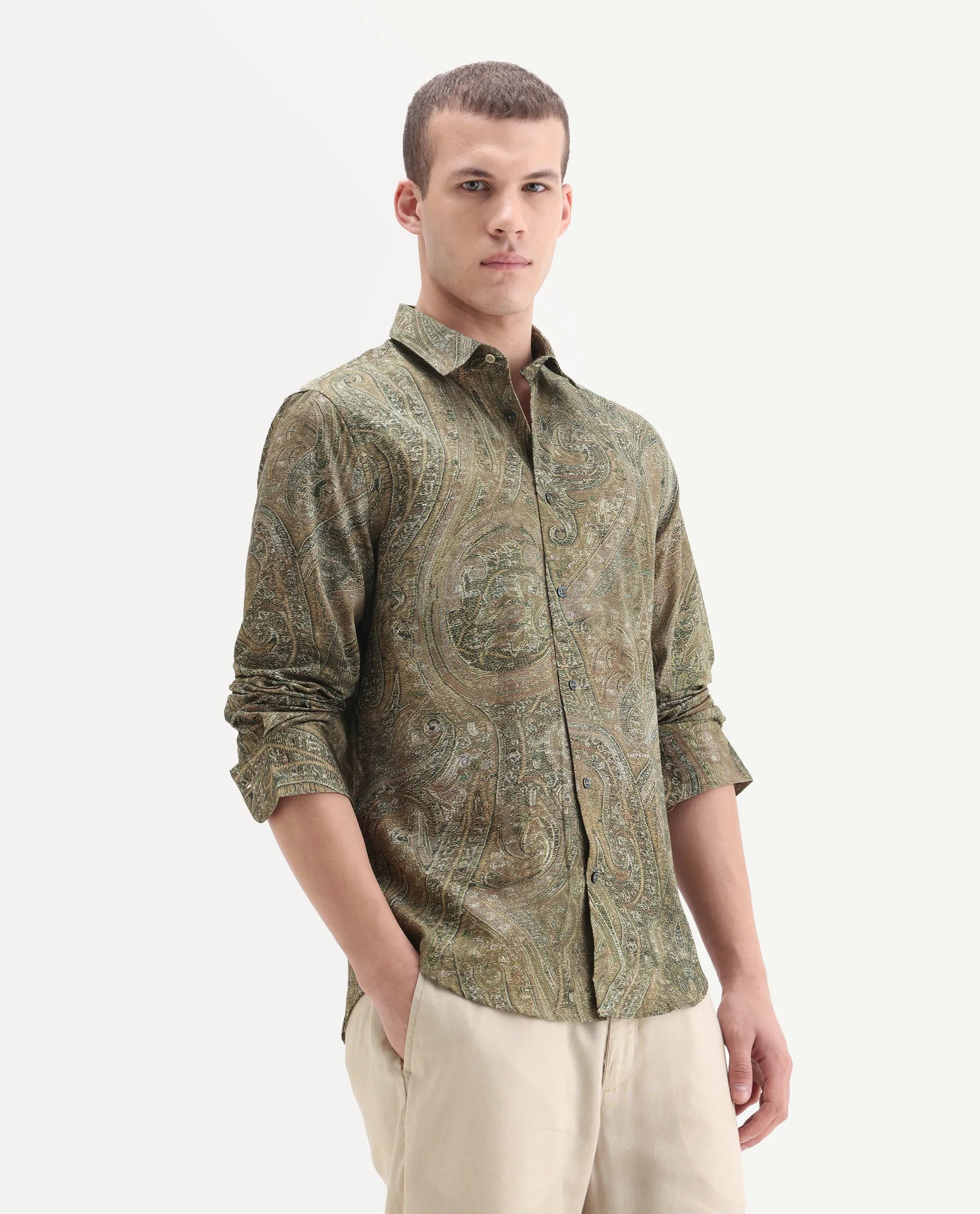 Rare Rabbit Men's Silko Olive Cotton Paisley Print Regular Fit Full Sleeve Collared Shirt