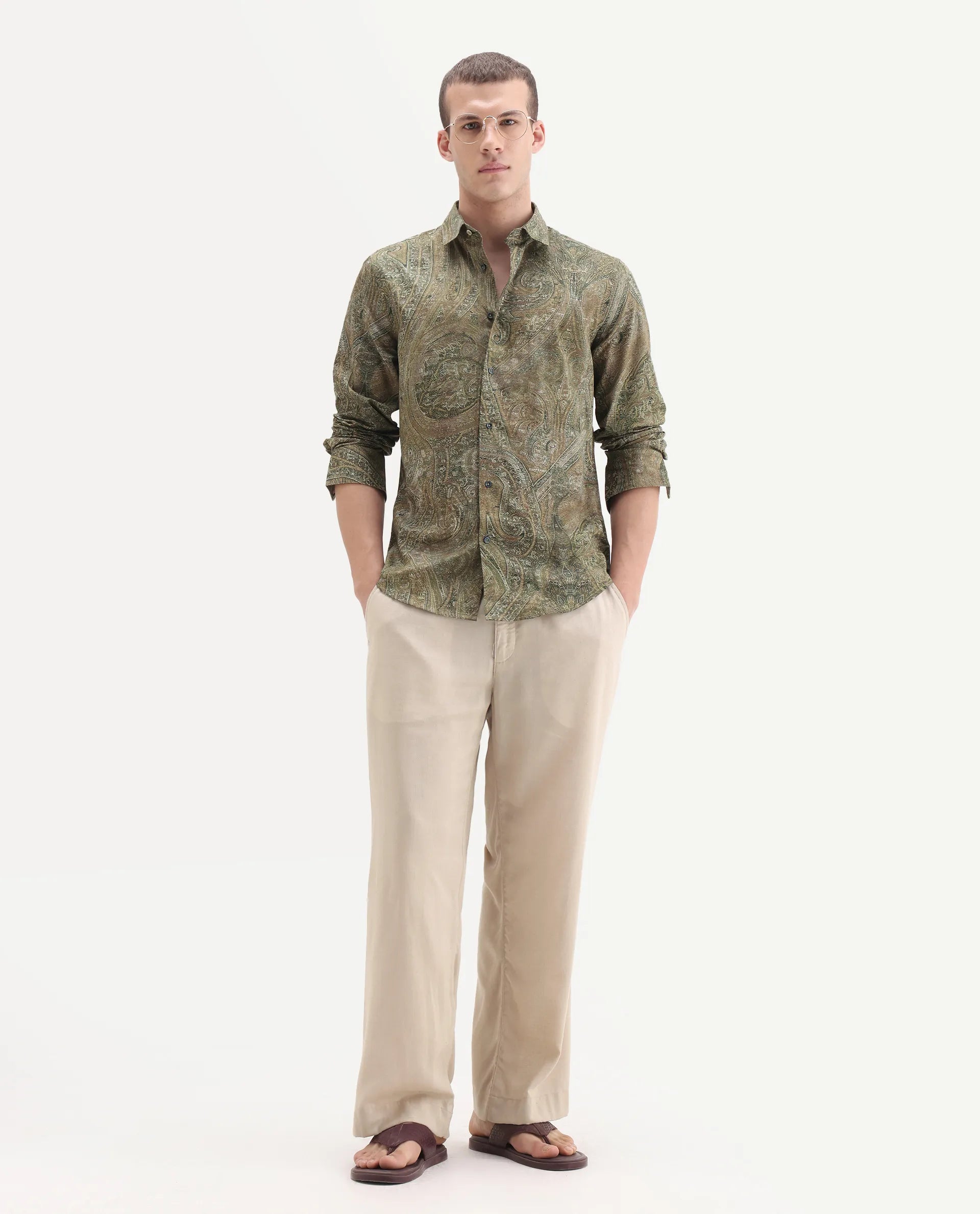Rare Rabbit Men's Silko Olive Cotton Paisley Print Regular Fit Full Sleeve Collared Shirt