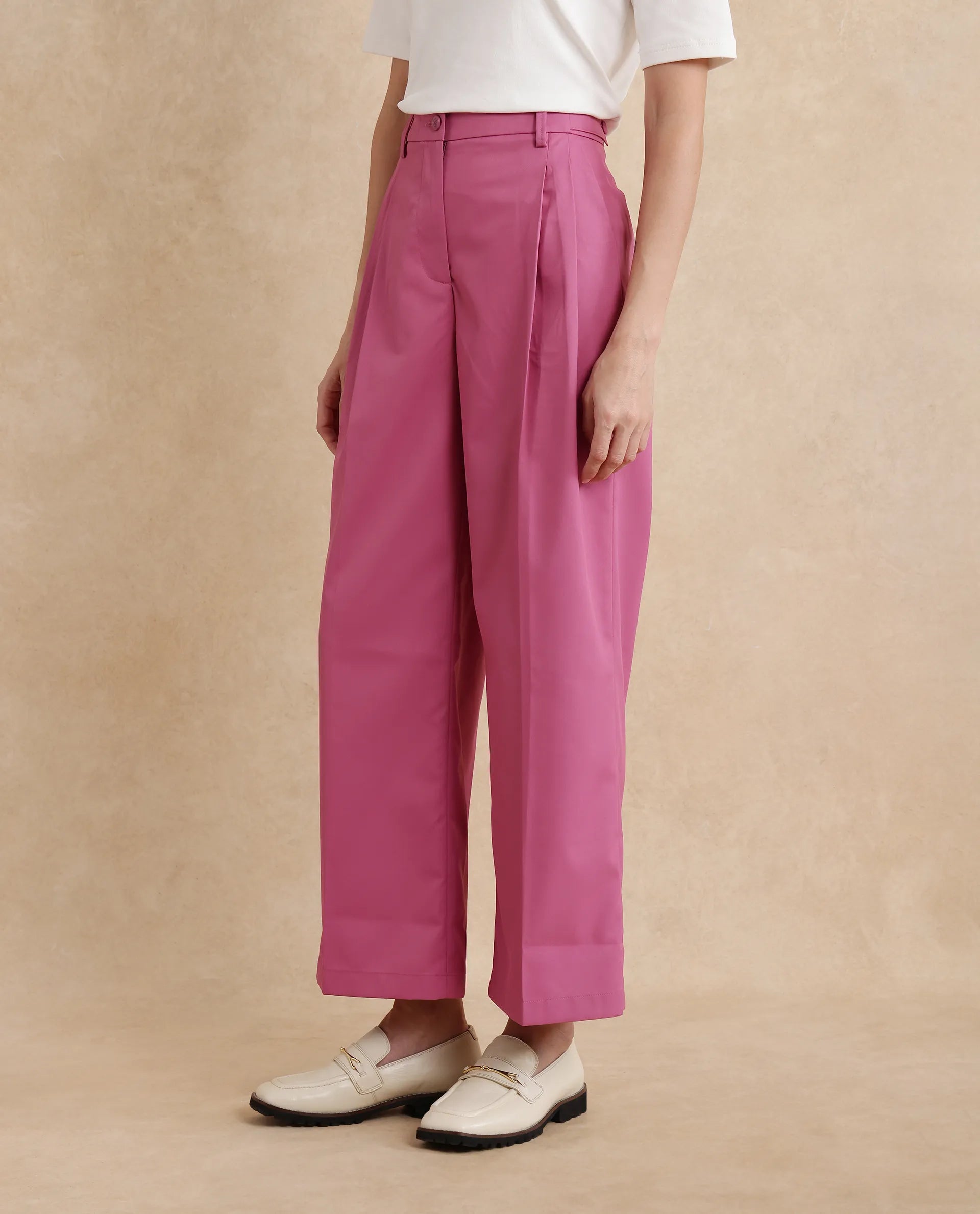 Rareism Women Simany Pink Button Closure Wide Fit Ankle Length Plain Trouser