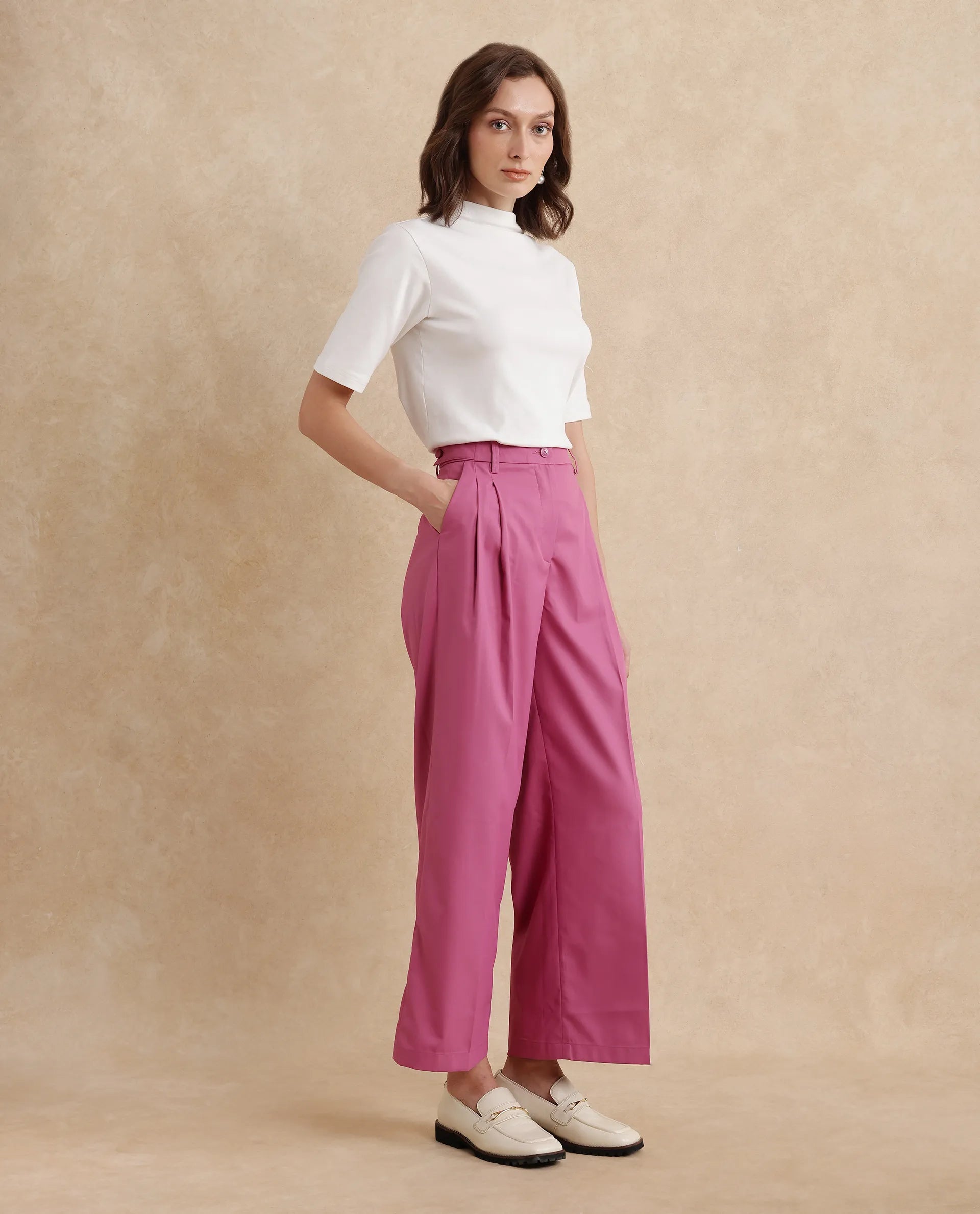 Rareism Women Simany Pink Button Closure Wide Fit Ankle Length Plain Trouser