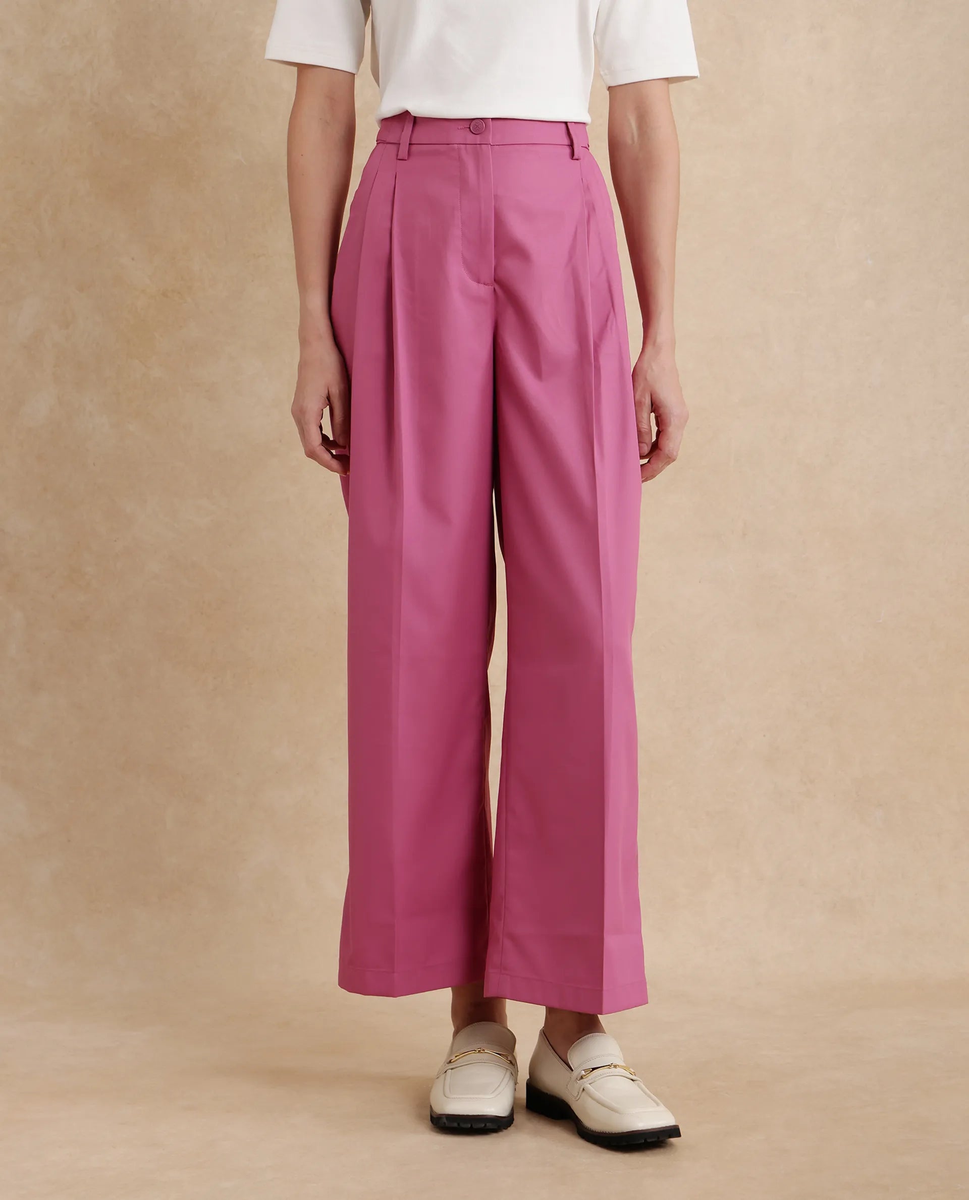 Rareism Women Simany Pink Button Closure Wide Fit Ankle Length Plain Trouser