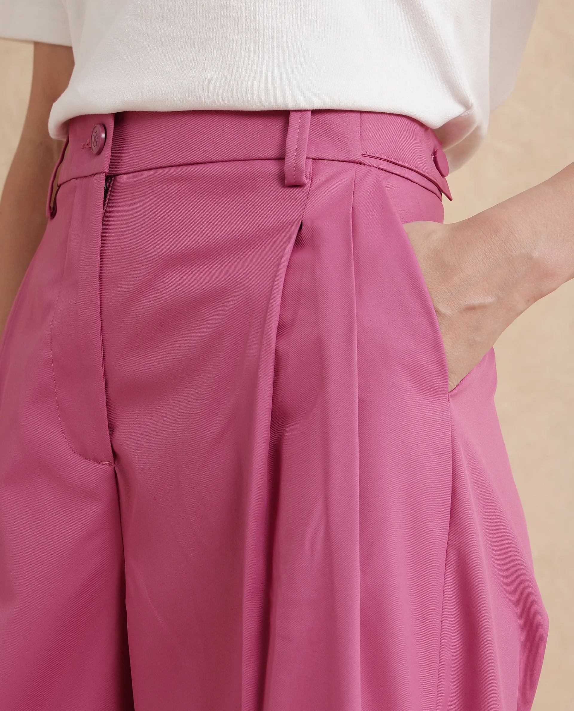 Rareism Women Simany Pink Button Closure Wide Fit Ankle Length Plain Trouser