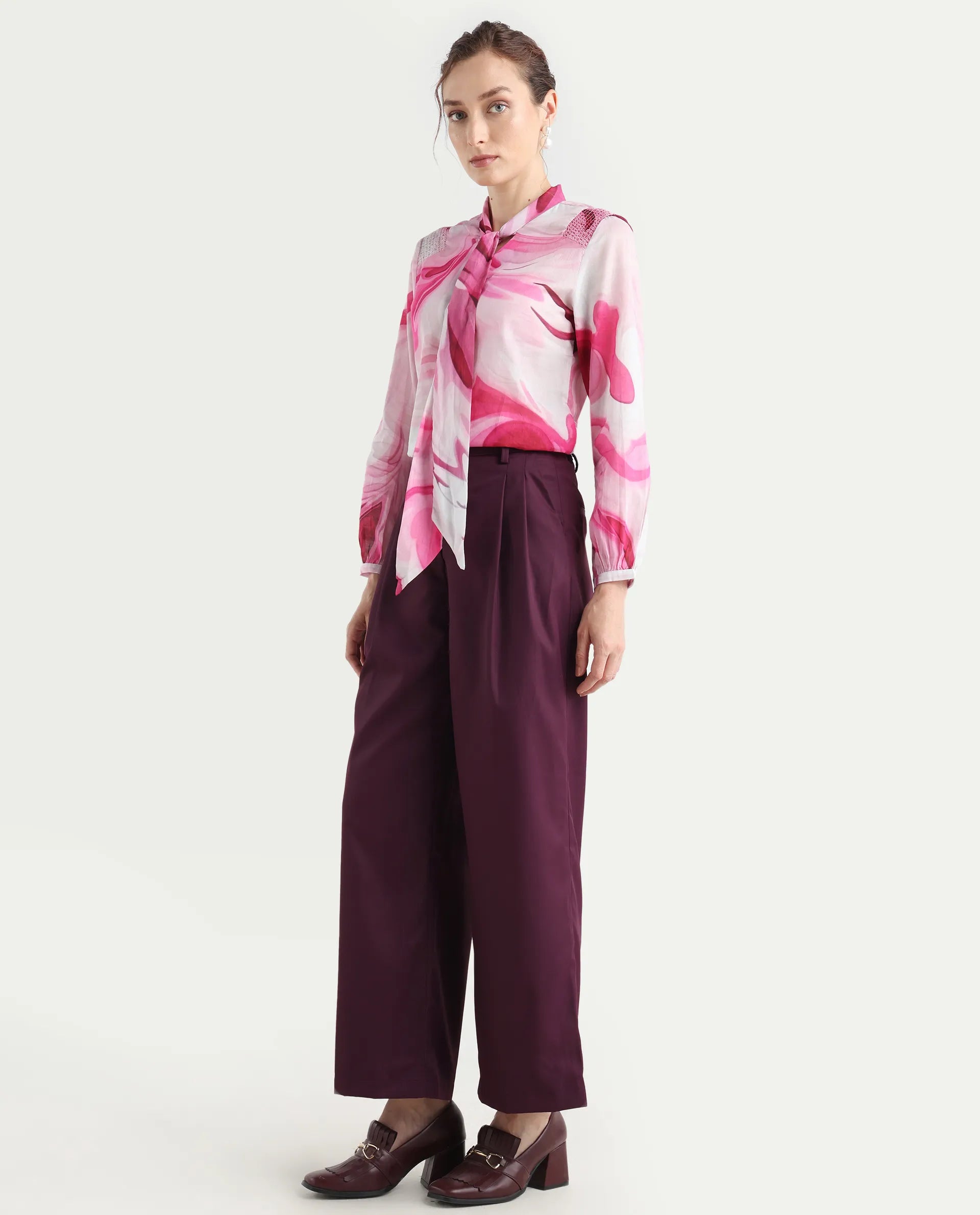 Rareism Women's Simany Purple Polyester Blend Dyed Ankle Length Wide Trouser