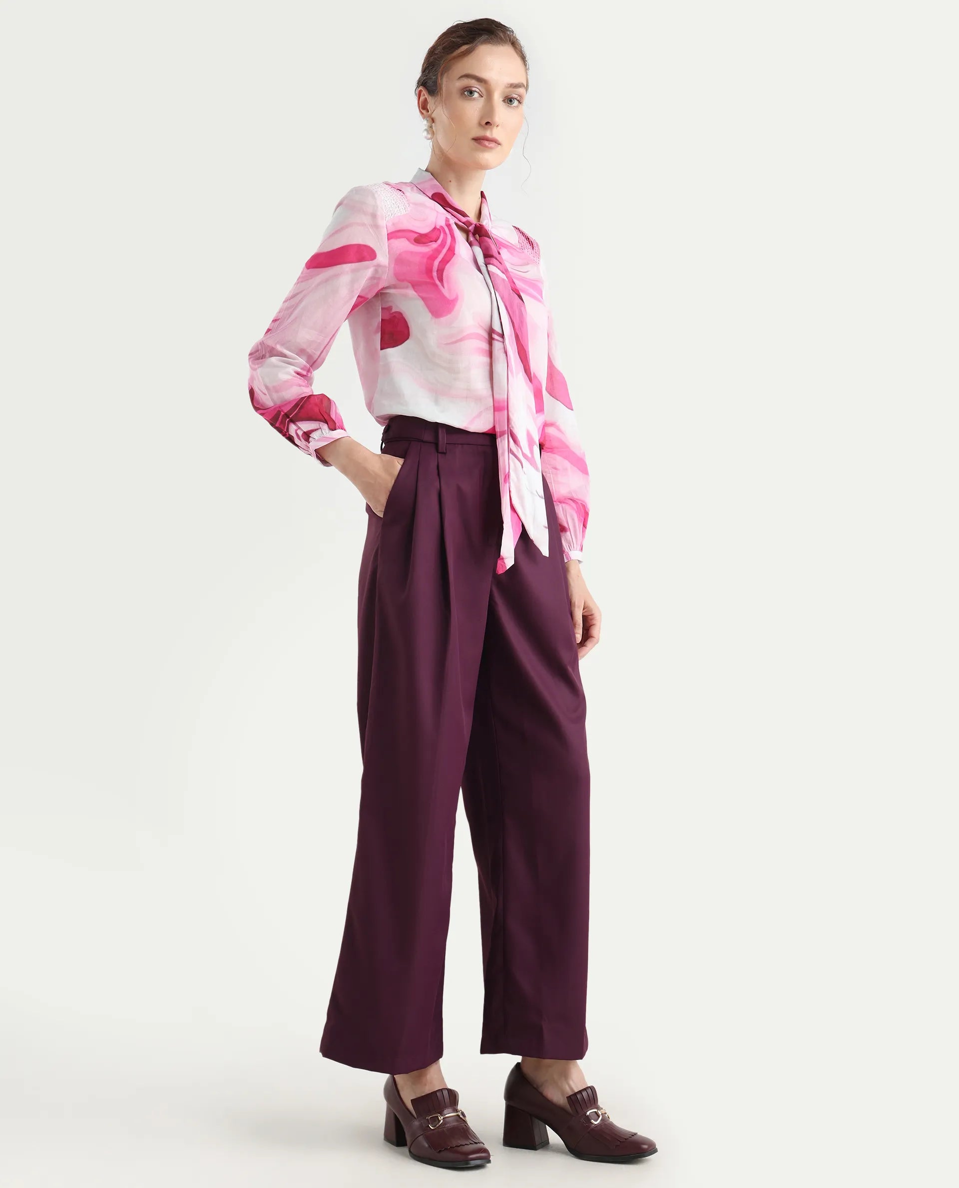 Rareism Women's Simany Purple Polyester Blend Dyed Ankle Length Wide Trouser