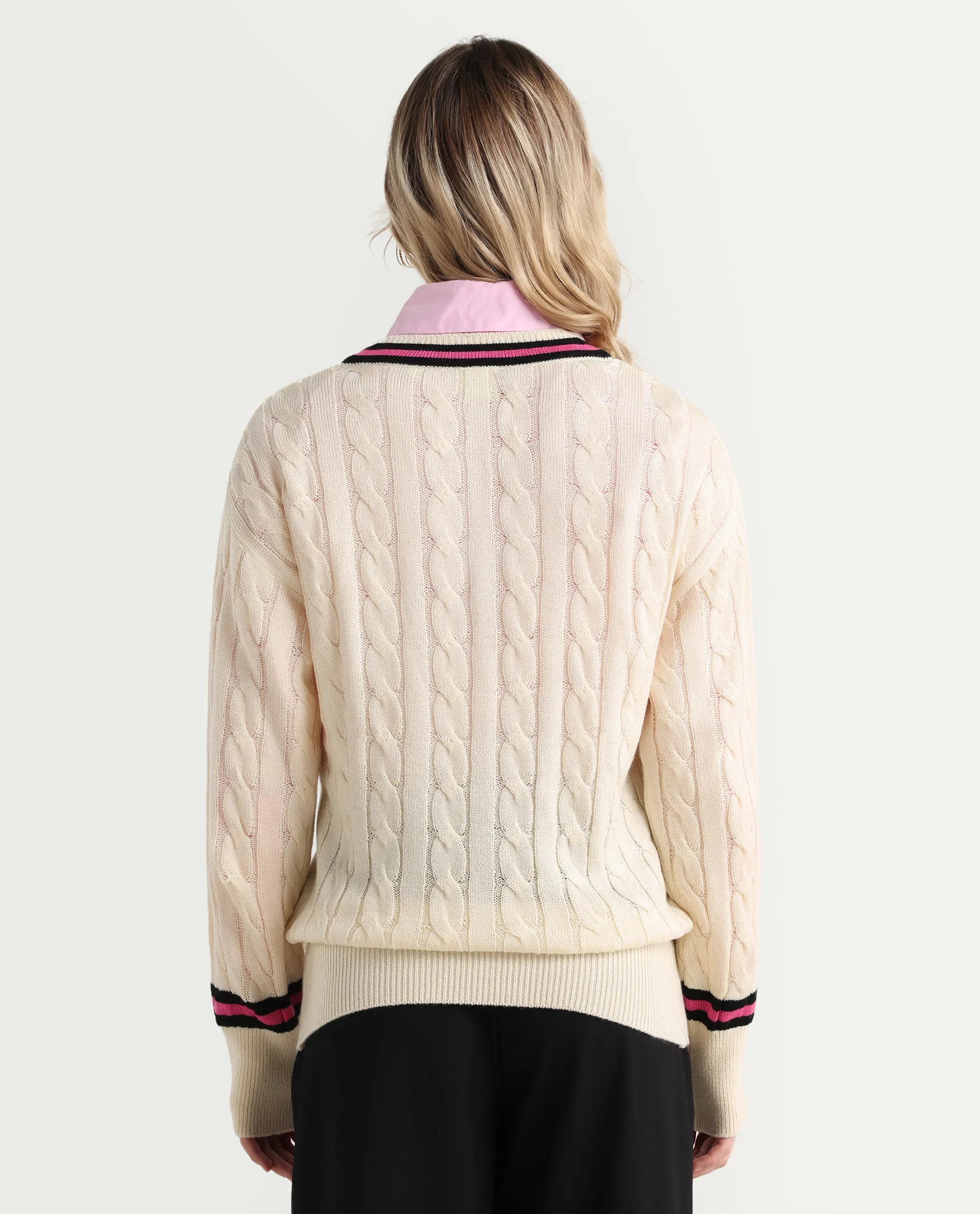 Rareism Women's Simayan Off White Cotton V-Neck Relaxed Fit Plain Sweater
