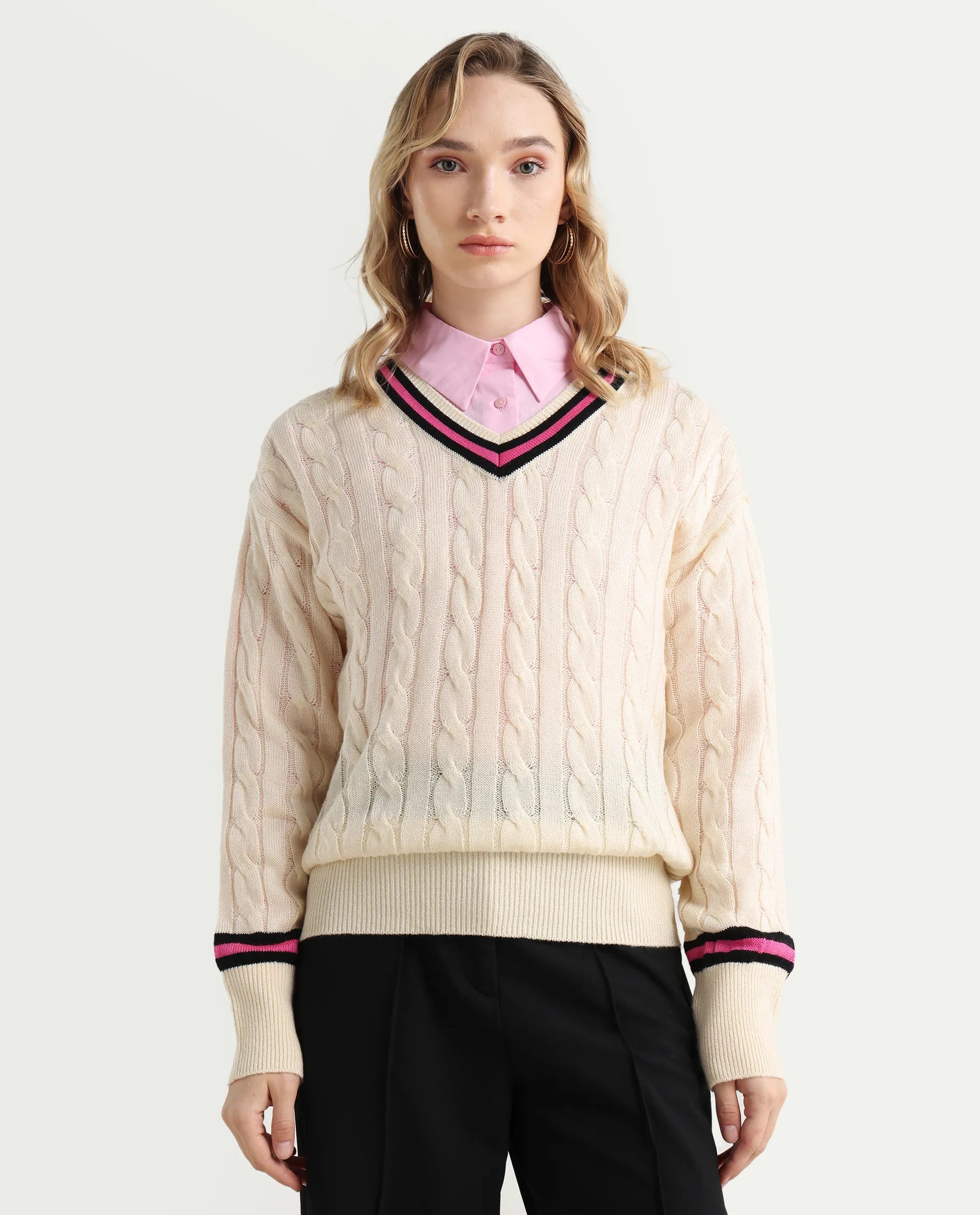 Rareism Women's Simayan Off White Cotton V-Neck Relaxed Fit Plain Sweater