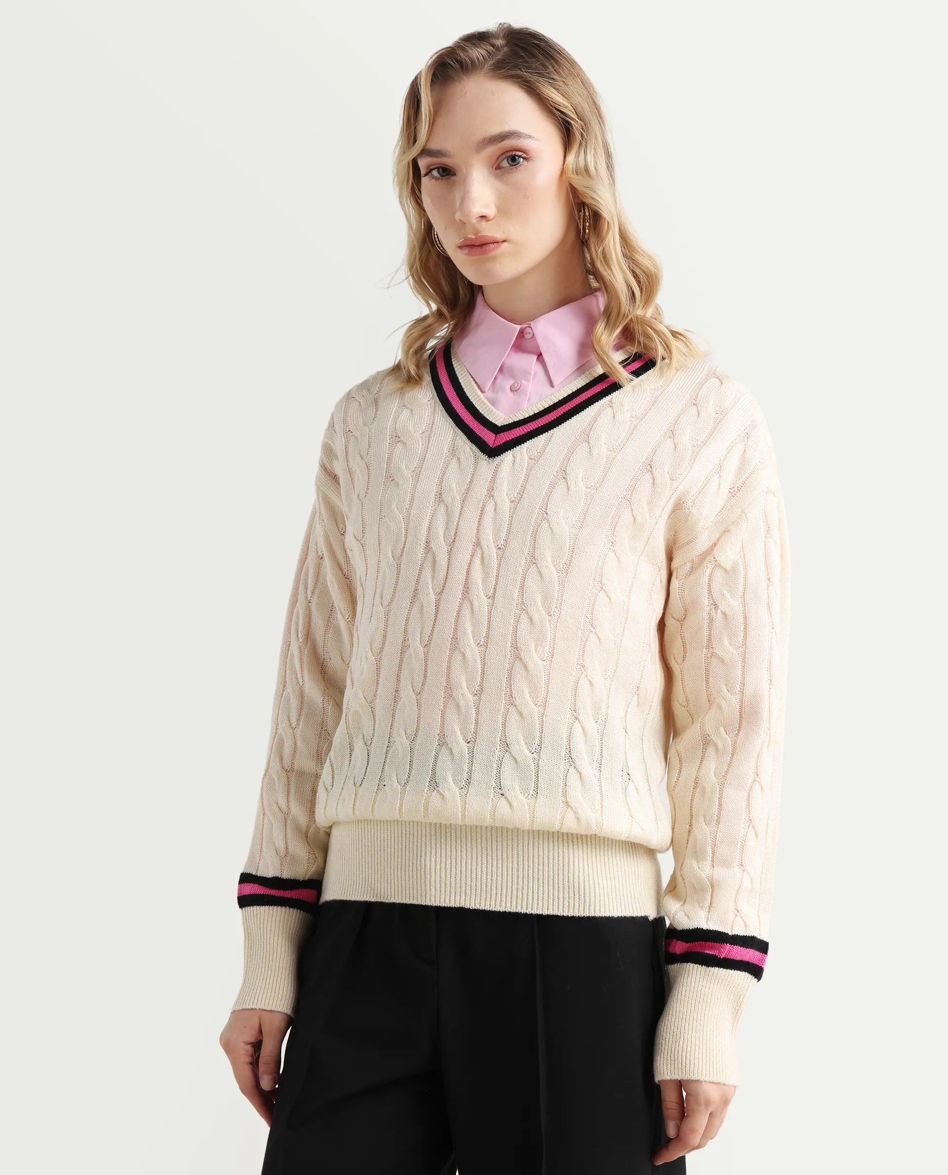 Rareism Women's Simayan Off White Cotton V-Neck Relaxed Fit Plain Sweater