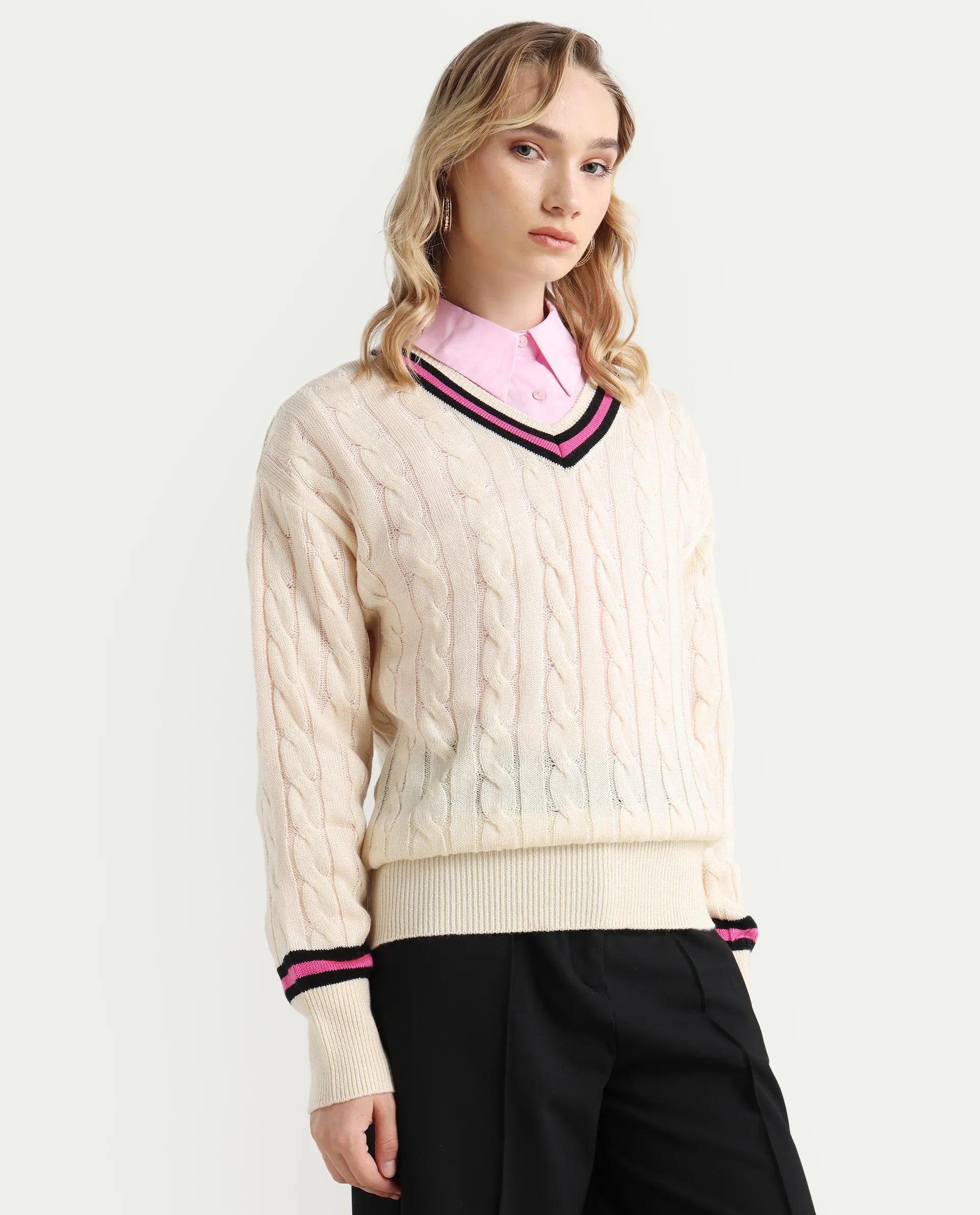 Rareism Women's Simayan Off White Cotton V-Neck Relaxed Fit Plain Sweater