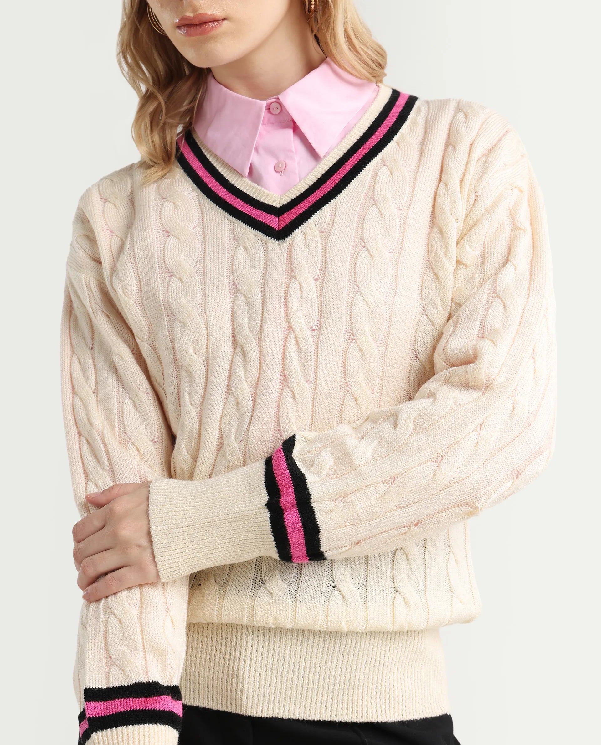 Rareism Women's Simayan Off White Cotton V-Neck Relaxed Fit Plain Sweater