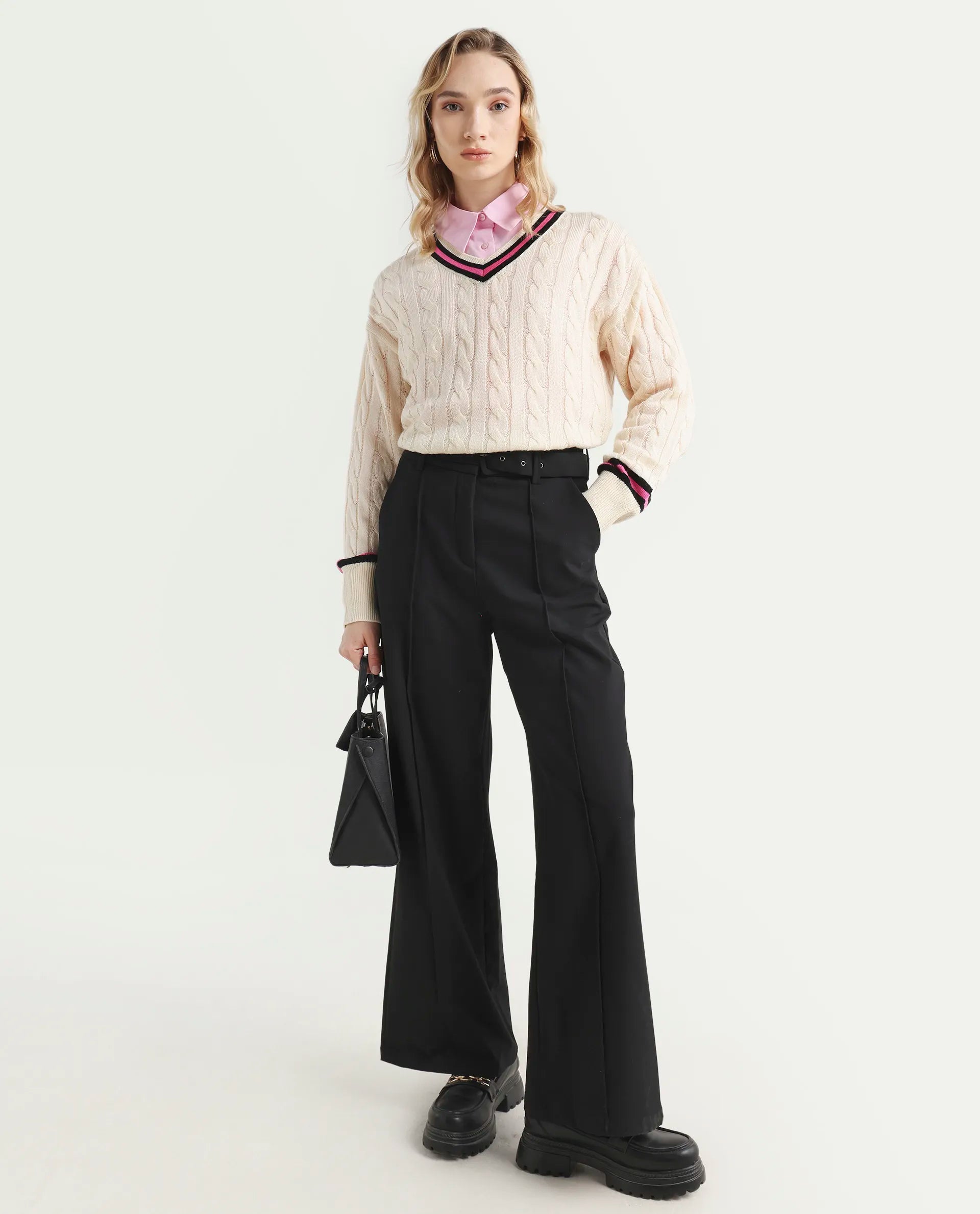 Rareism Women's Simayan Off White Cotton V-Neck Relaxed Fit Plain Sweater