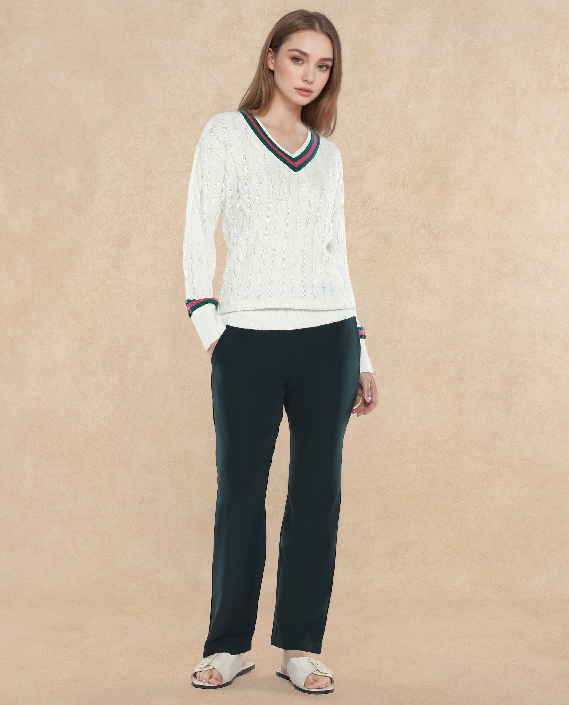 Rareism Women Simaya Off-White Acrylic Fabric Relaxed Fit Plain Sweater