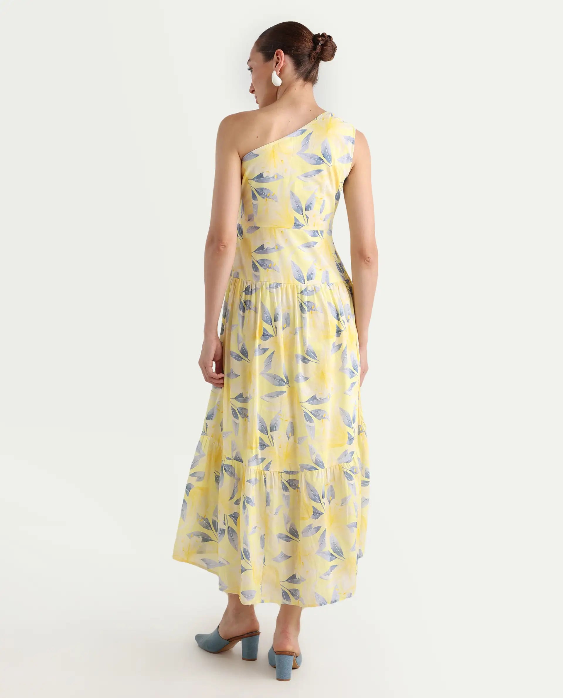 Rareism Women's Simplet Multi Cotton One Shoulder Floral Print One Shoulder Midi Fit And Flare Dress