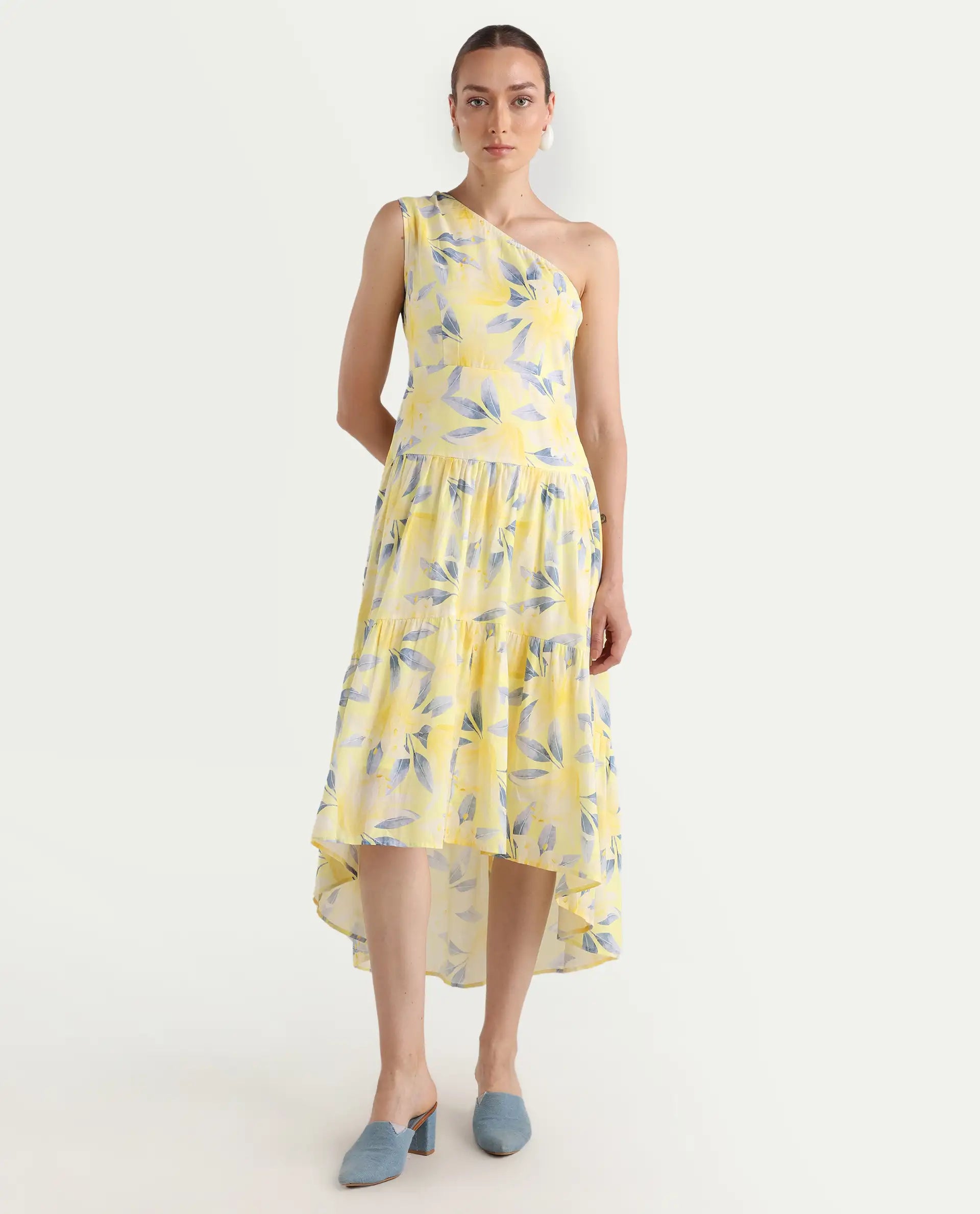 Rareism Women's Simplet Multi Cotton One Shoulder Floral Print One Shoulder Midi Fit And Flare Dress