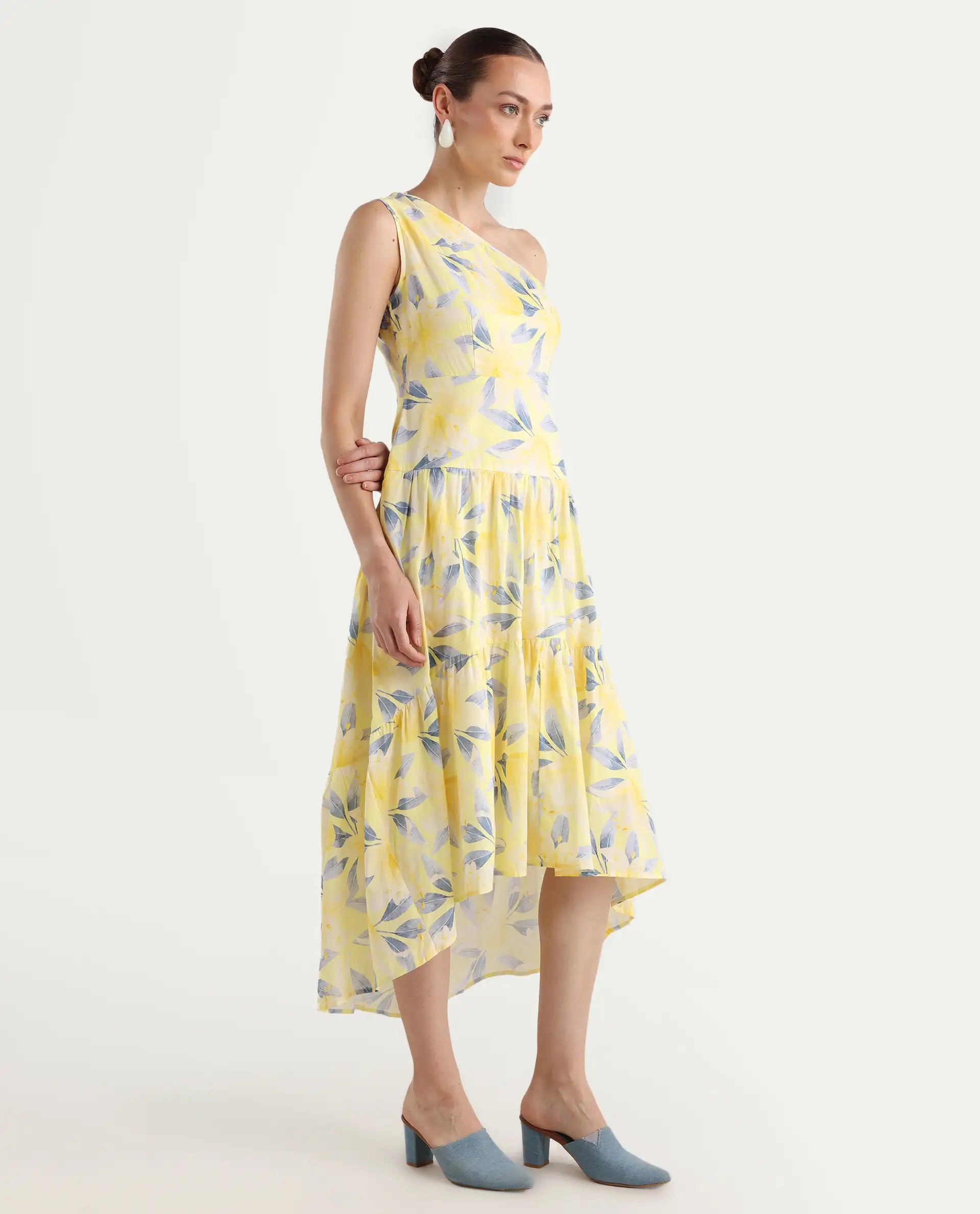 Rareism Women's Simplet Multi Cotton One Shoulder Floral Print One Shoulder Midi Fit And Flare Dress