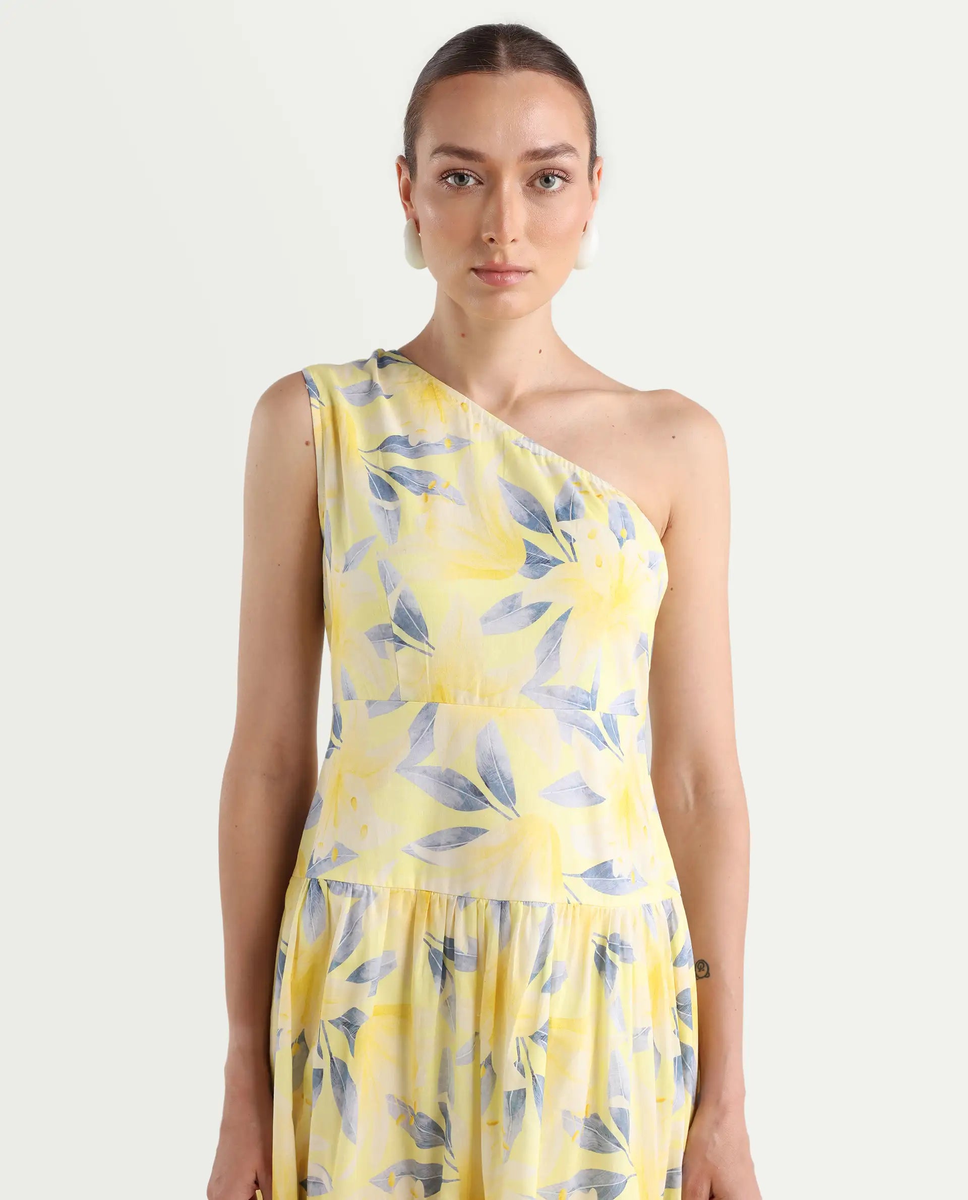 Rareism Women's Simplet Multi Cotton One Shoulder Floral Print One Shoulder Midi Fit And Flare Dress