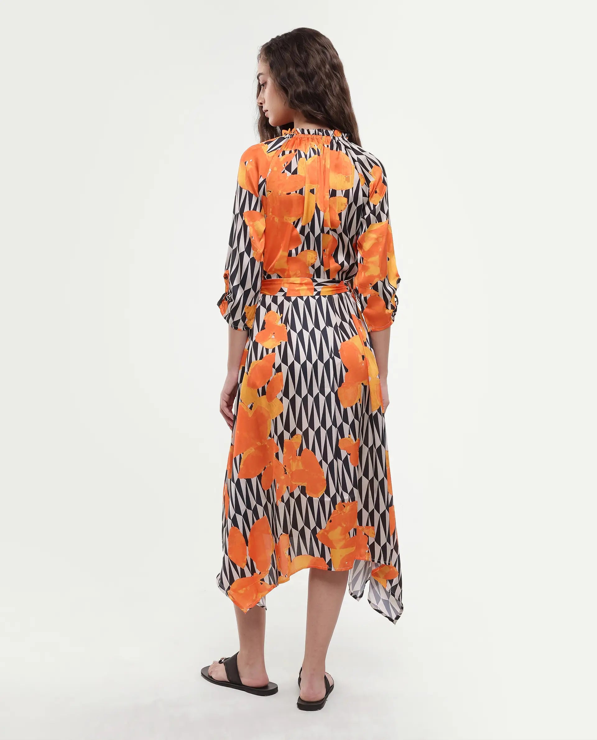 Rareism Women's Sings Black Polyester Tie-Up Neck Abstract Print Raglan Sleeve Knee Length Relaxed Fit Dress