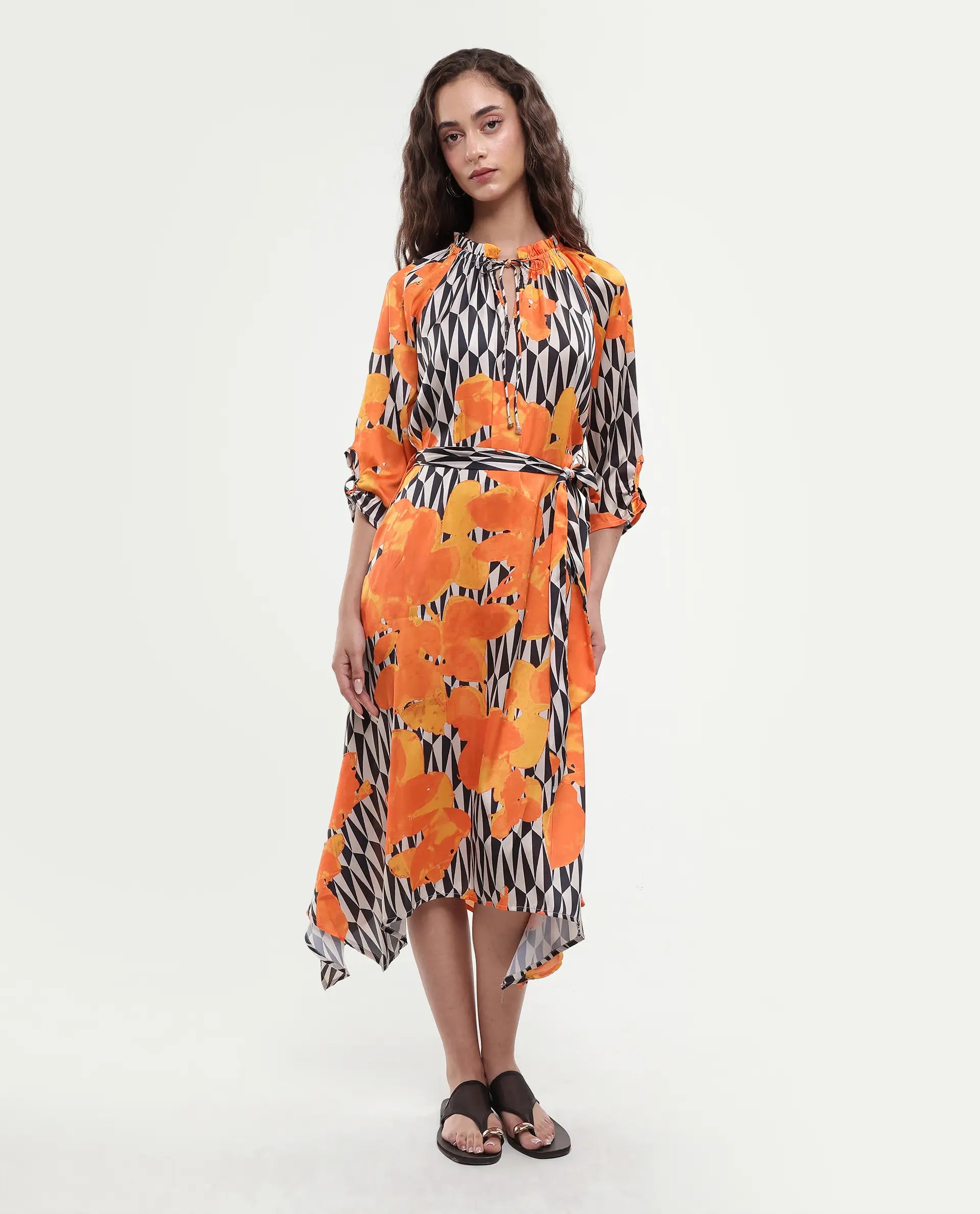 Rareism Women's Sings Black Polyester Tie-Up Neck Abstract Print Raglan Sleeve Knee Length Relaxed Fit Dress