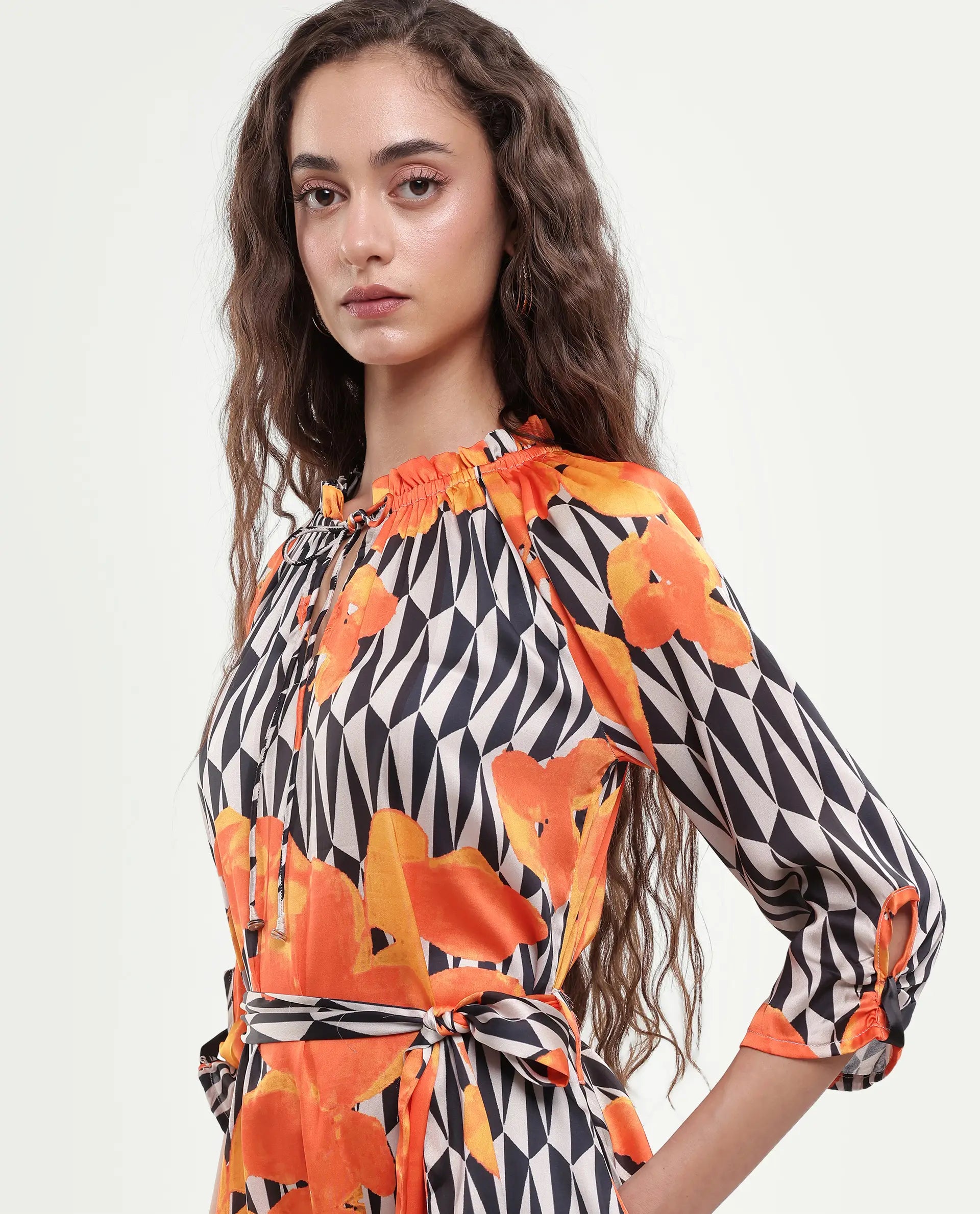 Rareism Women's Sings Black Polyester Tie-Up Neck Abstract Print Raglan Sleeve Knee Length Relaxed Fit Dress
