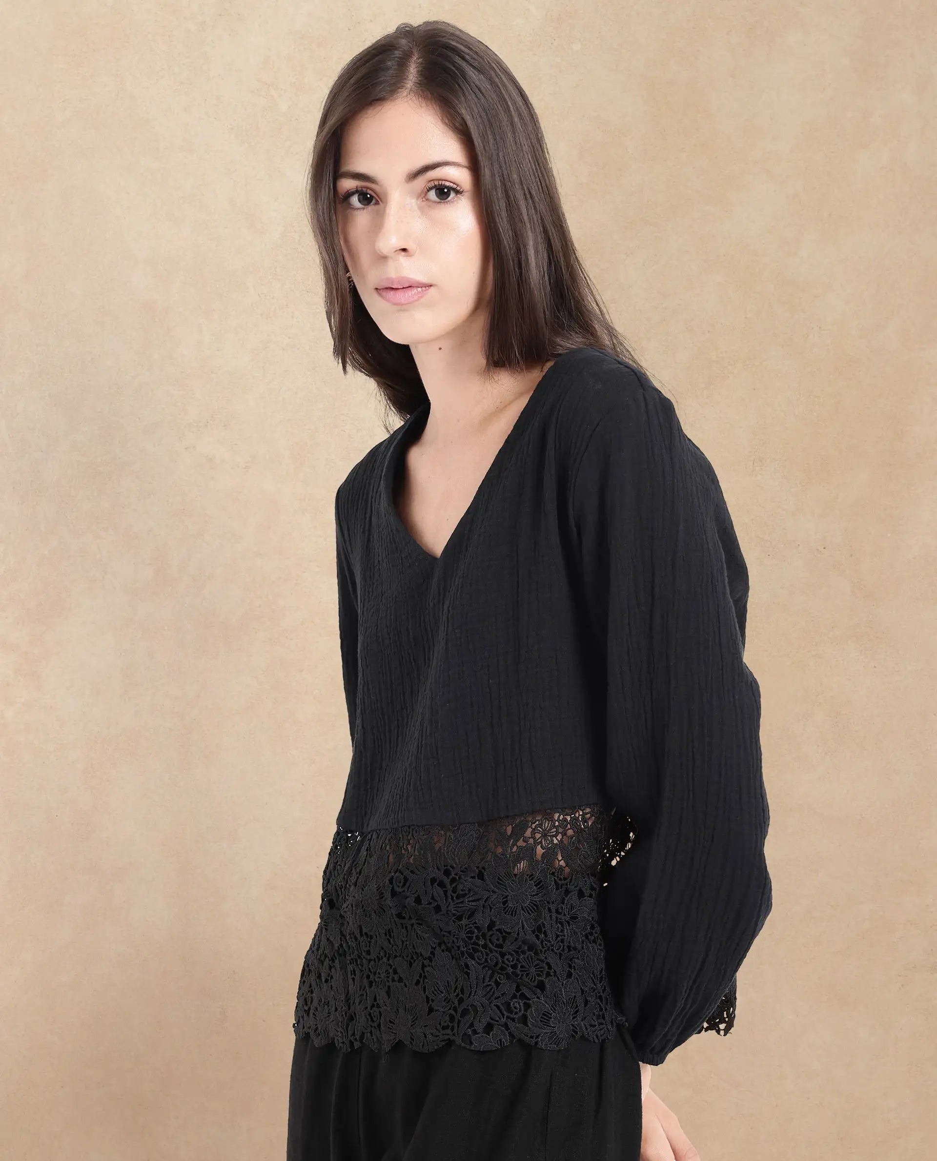 Rareism Women Sinloa-SC Black Bishop Sleeve V-Neck Plain Top