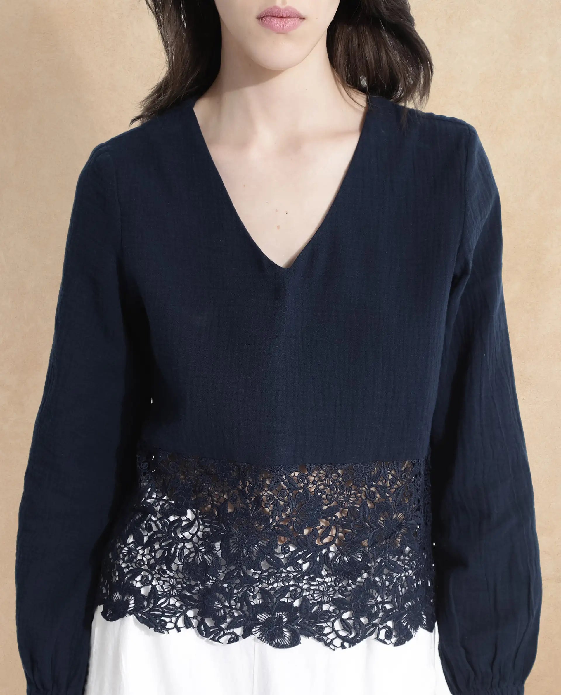 Rareism Women Sinloao Navy Full Sleeve V-Neck Plain Top