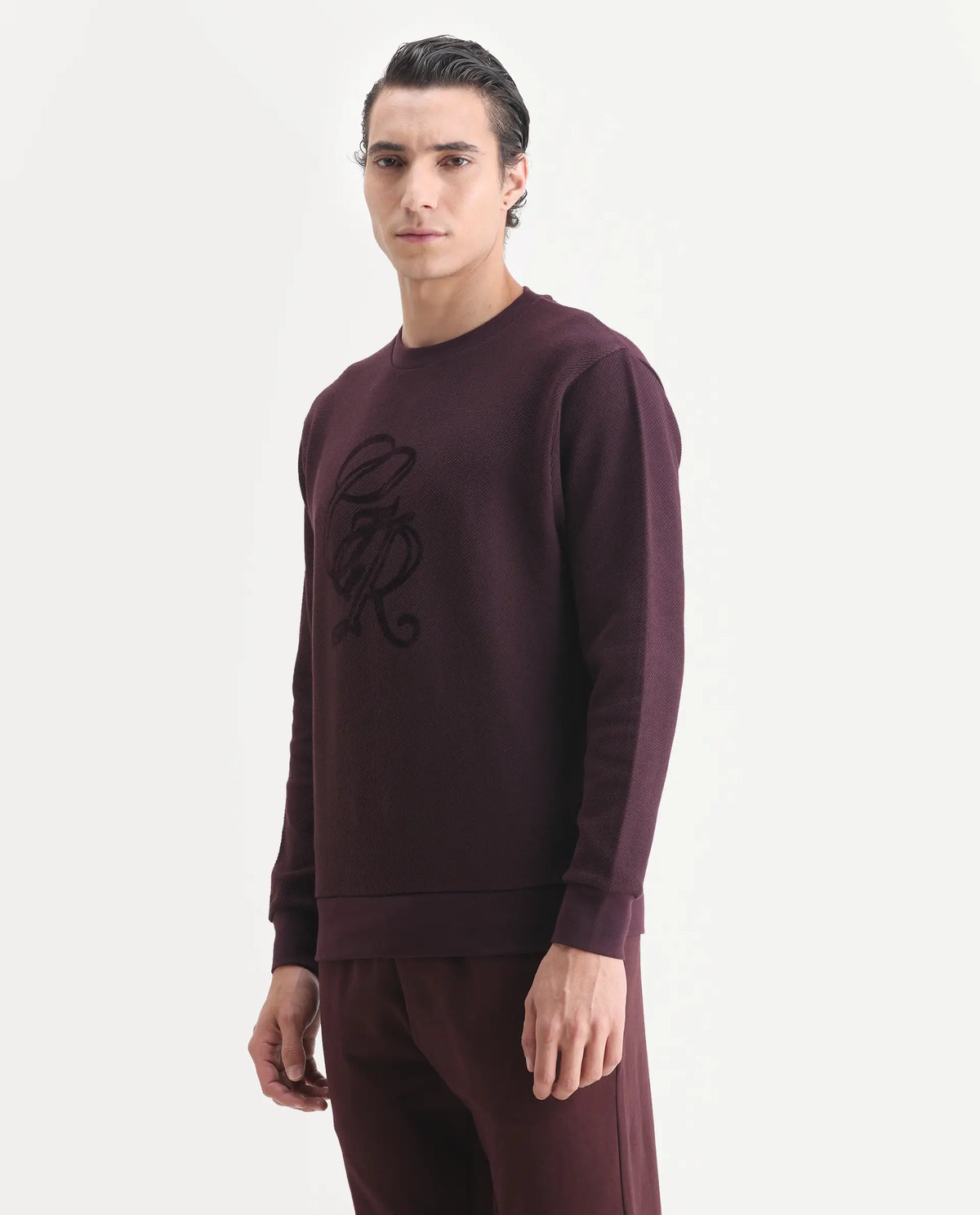 Rare Rabbit Men's Sint Dark Maroon Polyester Blend Fabric Full Sleeves Crew Neck Typography Print Sweatshirt