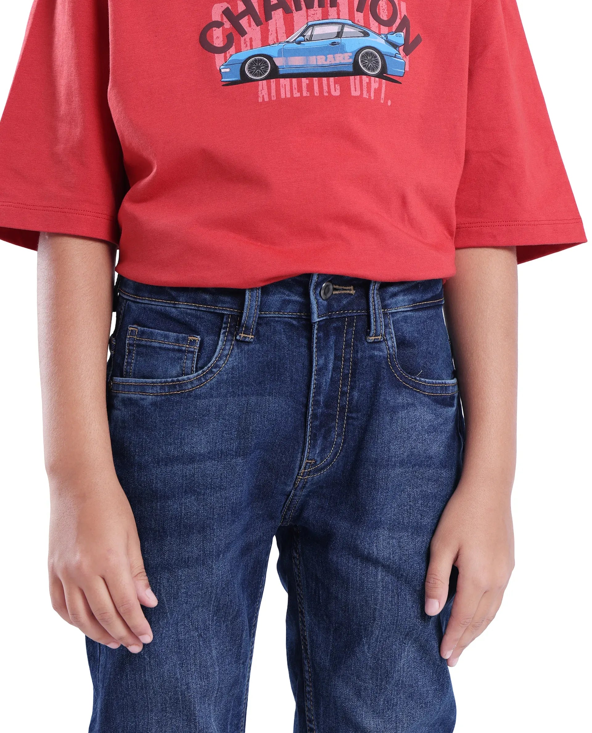 Rare Ones Kids Sira Dark Blue Cotton Solid Button And Zip Closure Slim Fit Jeans