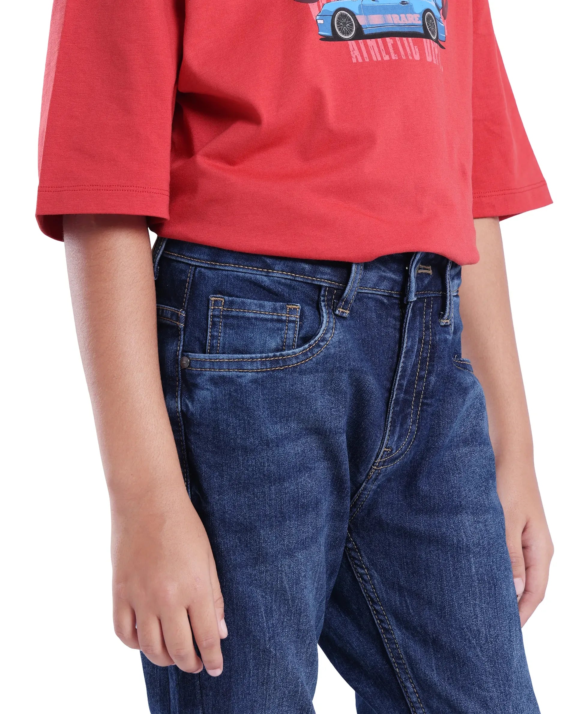 Rare Ones Kids Sira Dark Blue Cotton Solid Button And Zip Closure Slim Fit Jeans