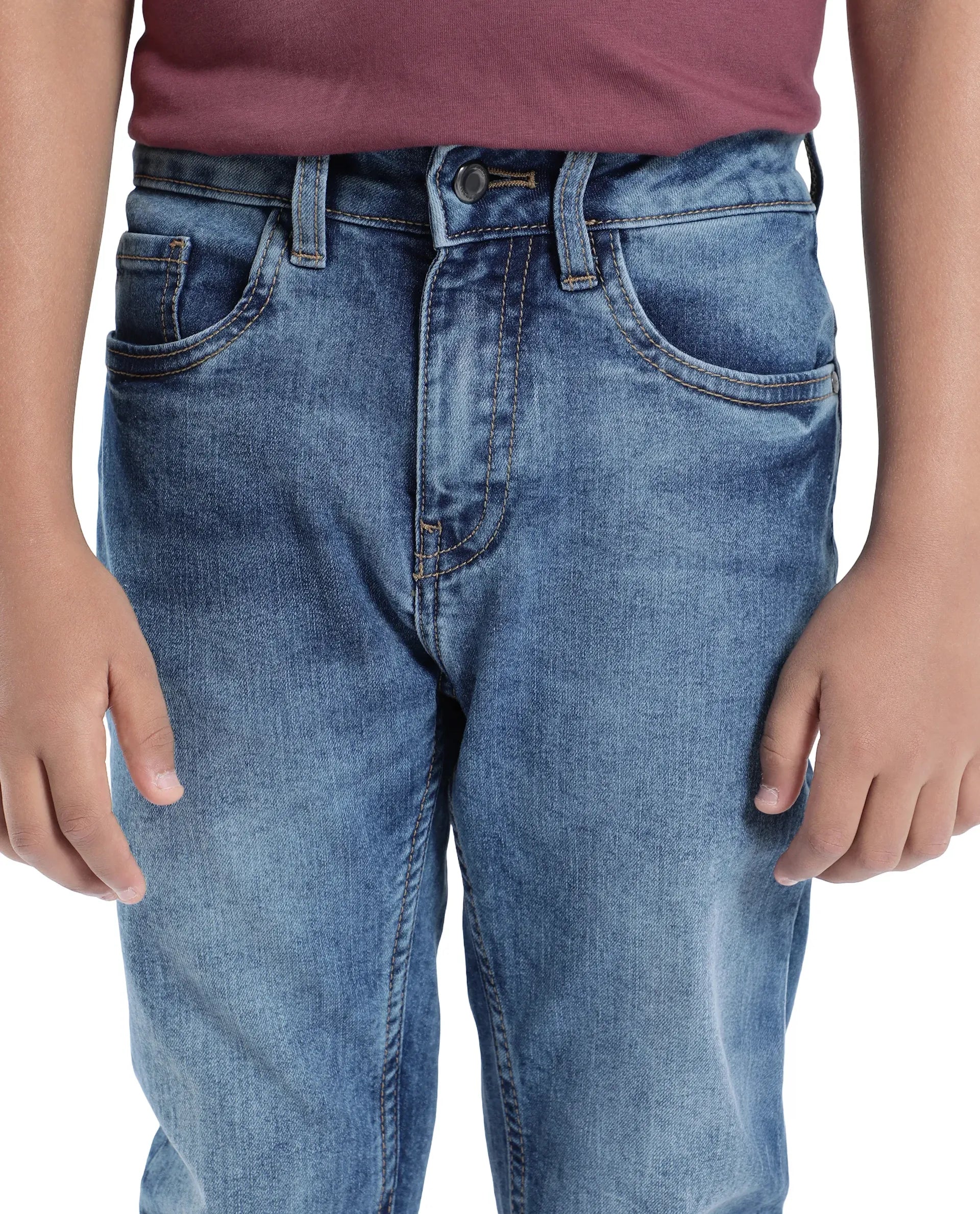 Rare Ones Kids Sira Light Blue Cotton Solid Button And Zip Closure Slim Fit Fit Jeans