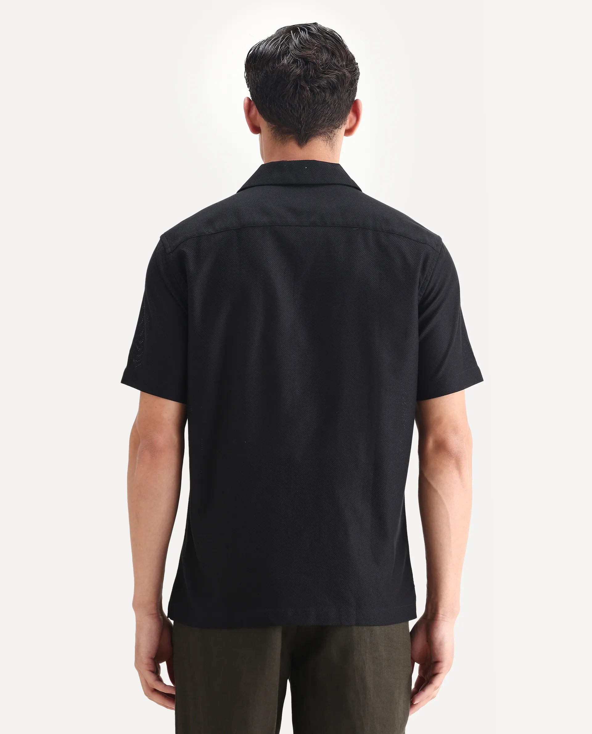 Rare Rabbit Men's Sirayo Black Cotton Blend Plain Boxy Fit Half Sleeve Cuban Collar Shirt