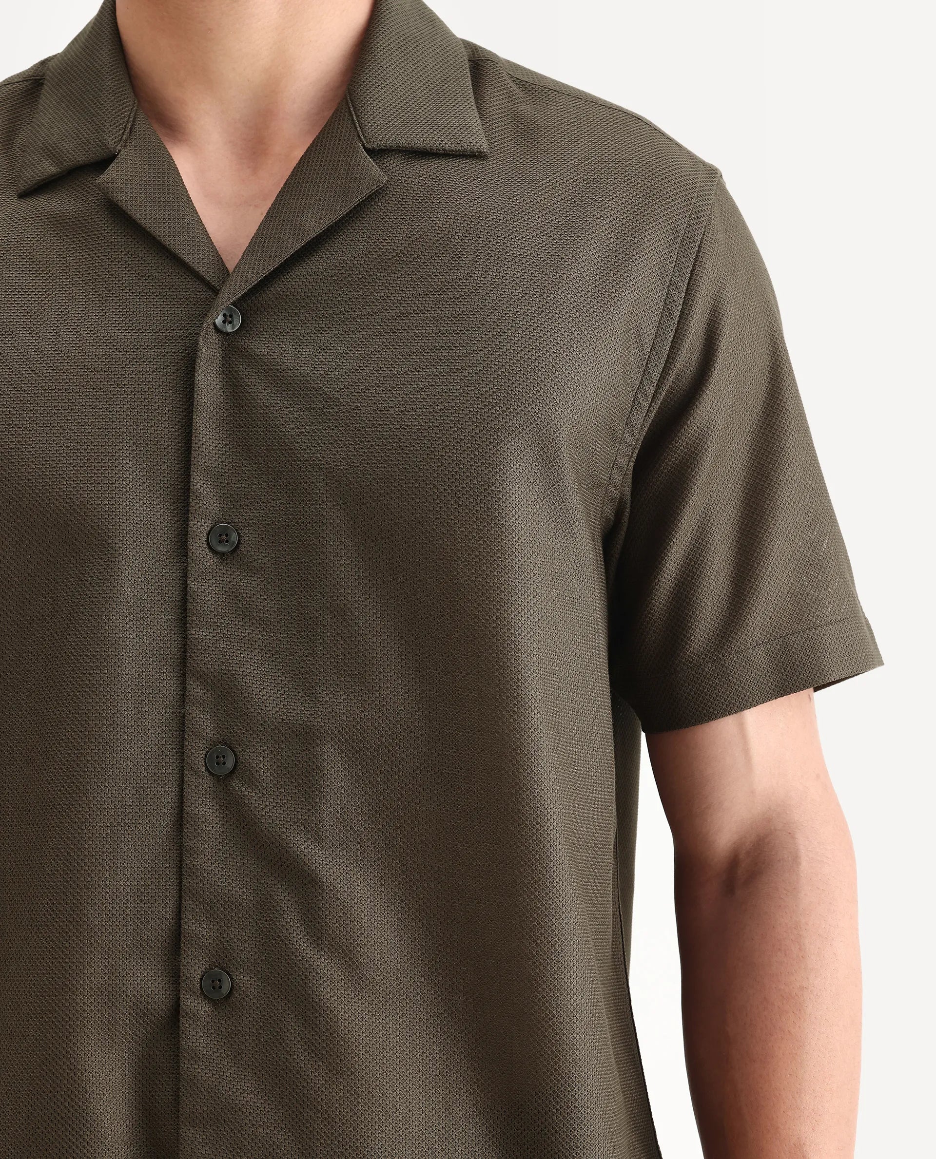 Rare Rabbit Men's Sirayo Dark Olive Cotton Blend Plain Boxy Fit Half Sleeve Cuban Collar Shirt
