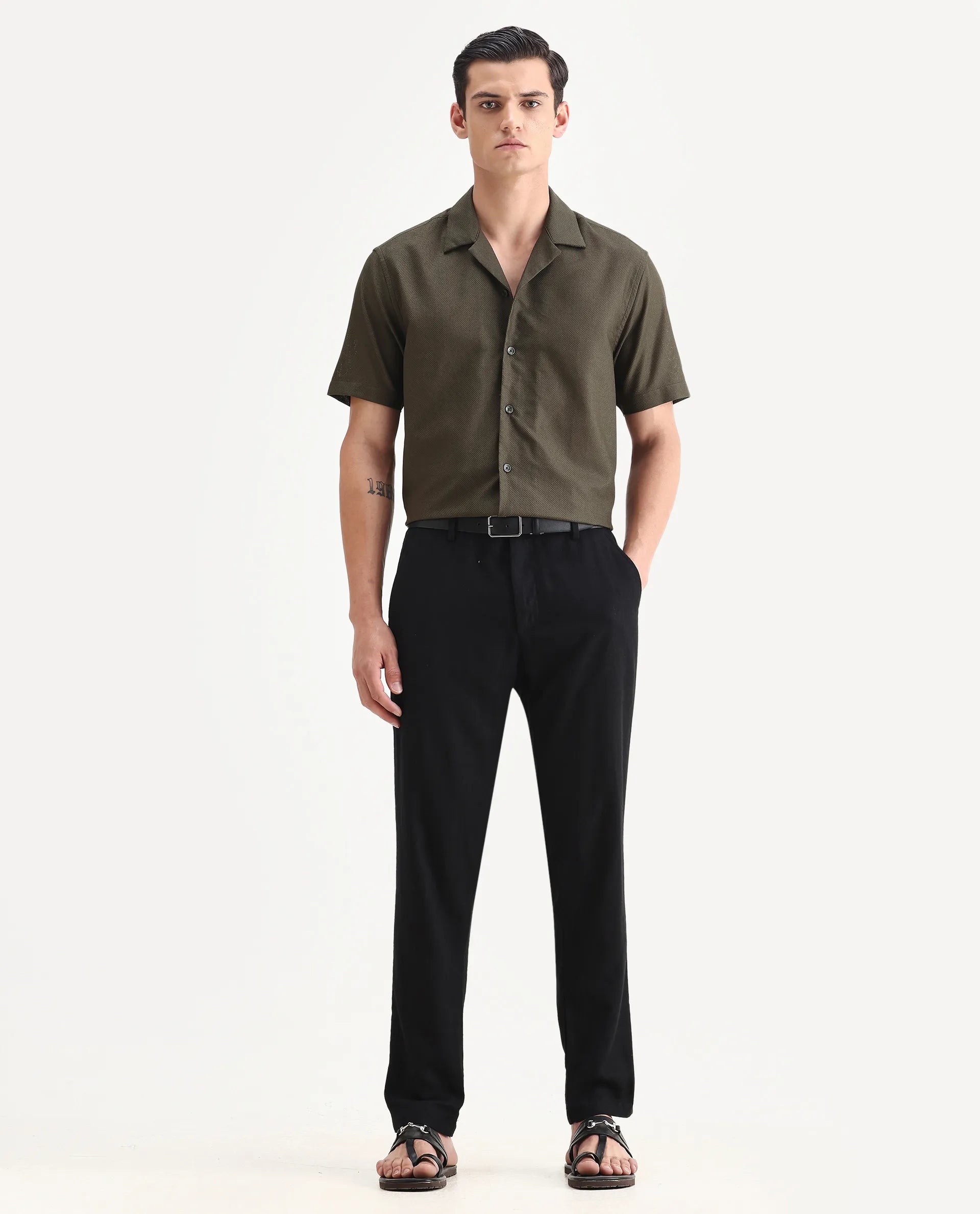 Rare Rabbit Men's Sirayo Dark Olive Cotton Blend Plain Boxy Fit Half Sleeve Cuban Collar Shirt