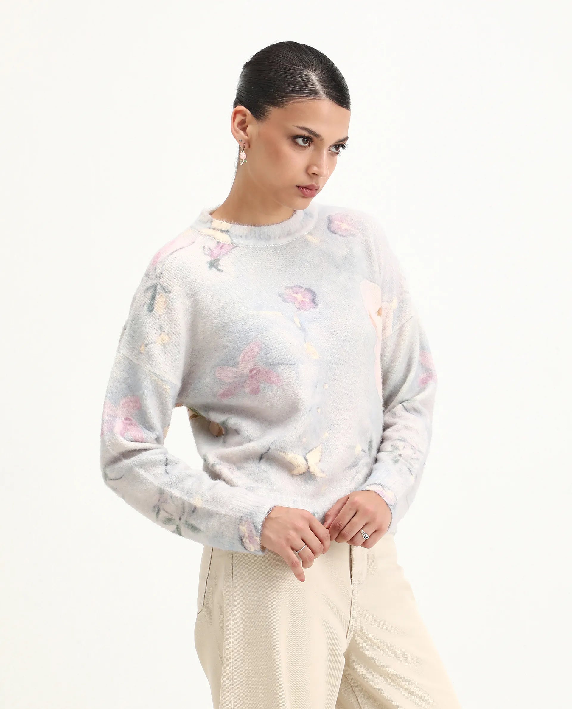 Rareism Women's Siriko Light Multi Acrylic Blend Crew Neck Floral Print Relaxed Fit Sweater