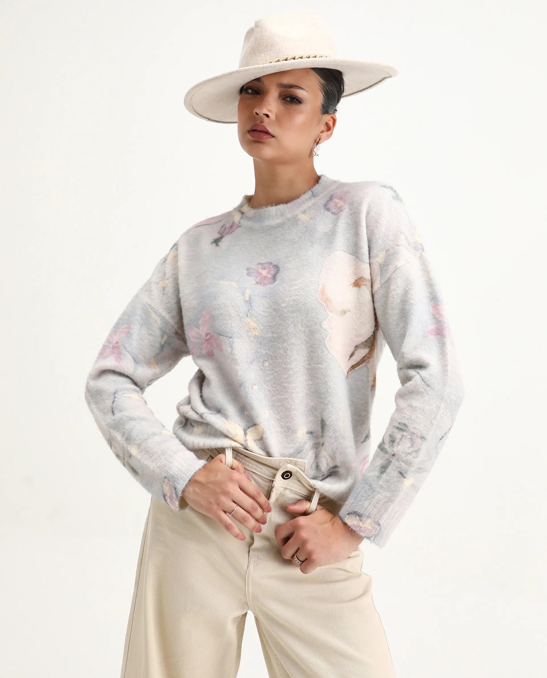 Rareism Women's Siriko Light Multi Acrylic Blend Crew Neck Floral Print Relaxed Fit Sweater