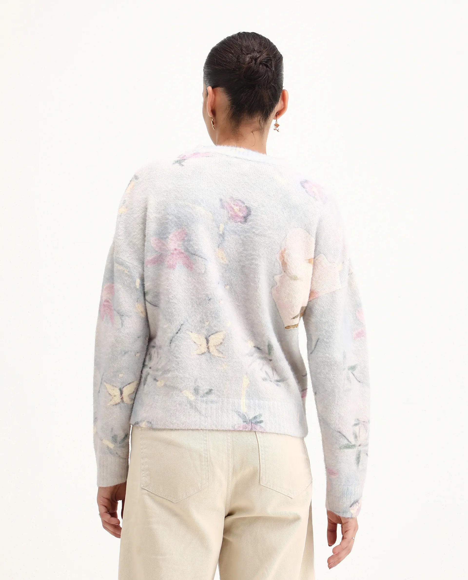 Rareism Women's Siriko Light Multi Acrylic Blend Crew Neck Floral Print Relaxed Fit Sweater