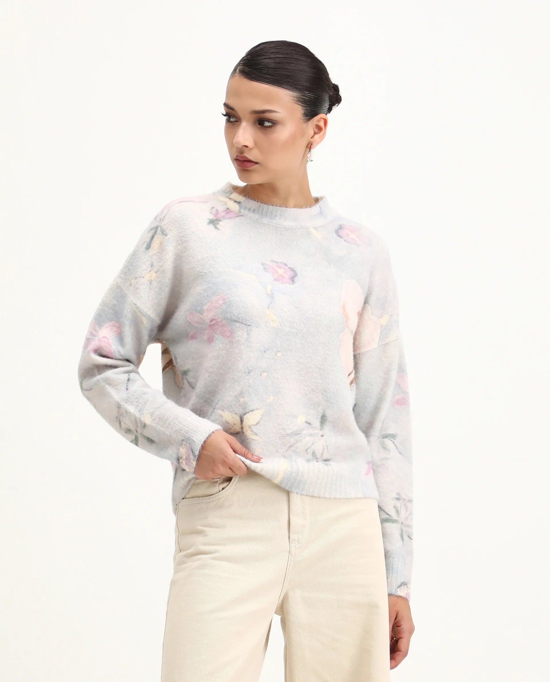 Rareism Women's Siriko Light Multi Acrylic Blend Crew Neck Floral Print Relaxed Fit Sweater