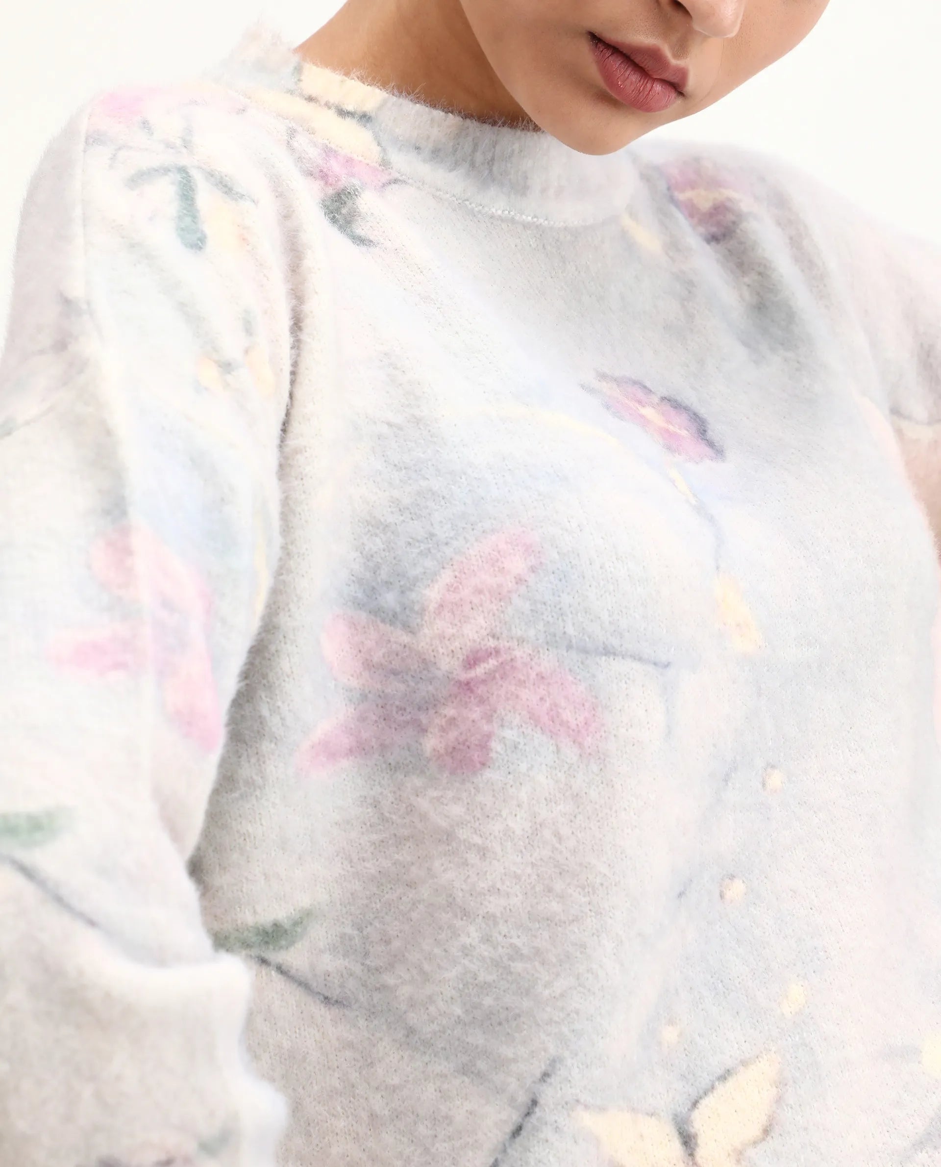 Rareism Women's Siriko Light Multi Acrylic Blend Crew Neck Floral Print Relaxed Fit Sweater