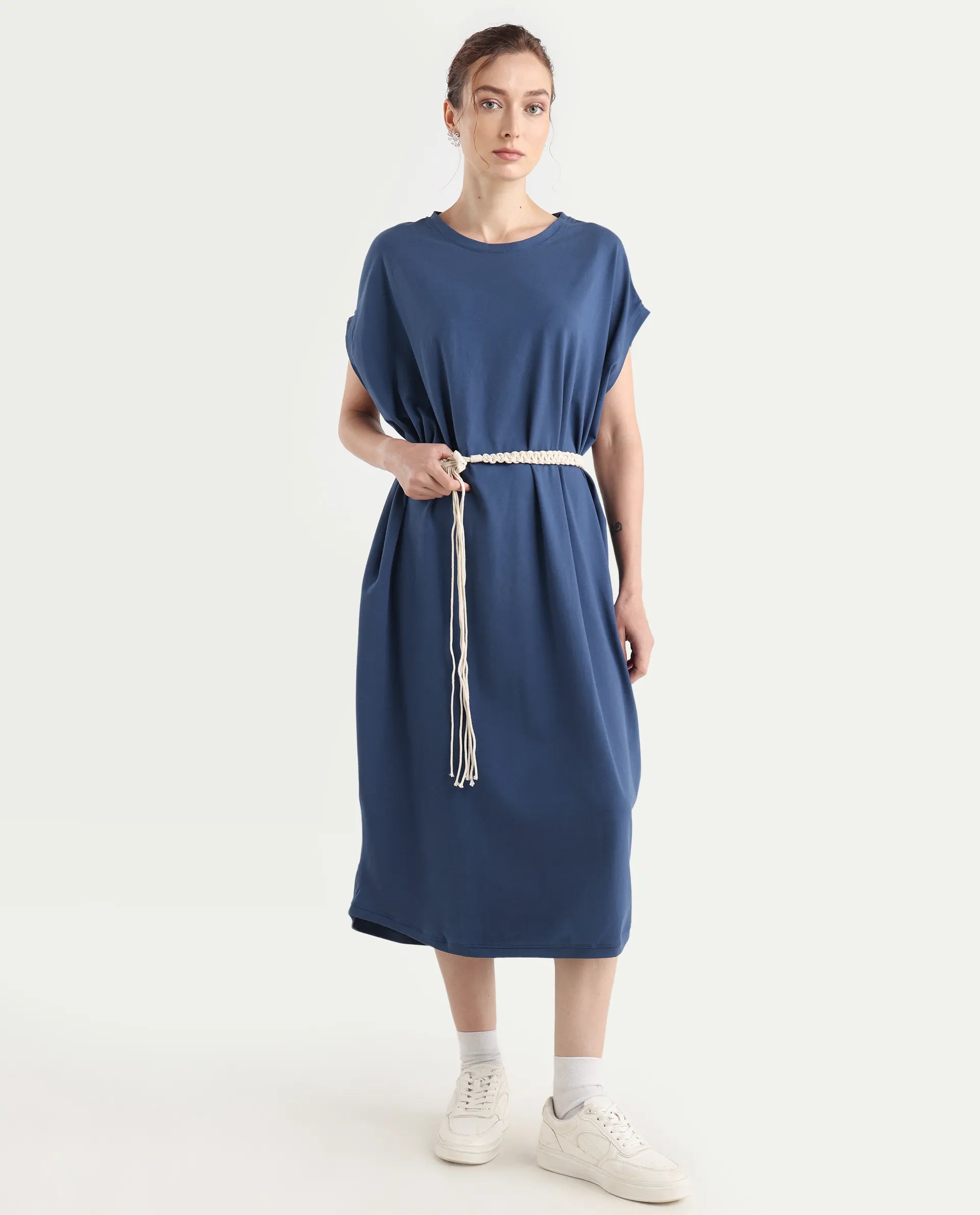 Rareism Women's Siriyo Dark Blue Cotton Crew Neck Plain Extended Sleeves Maxi Relaxed Fit Dress