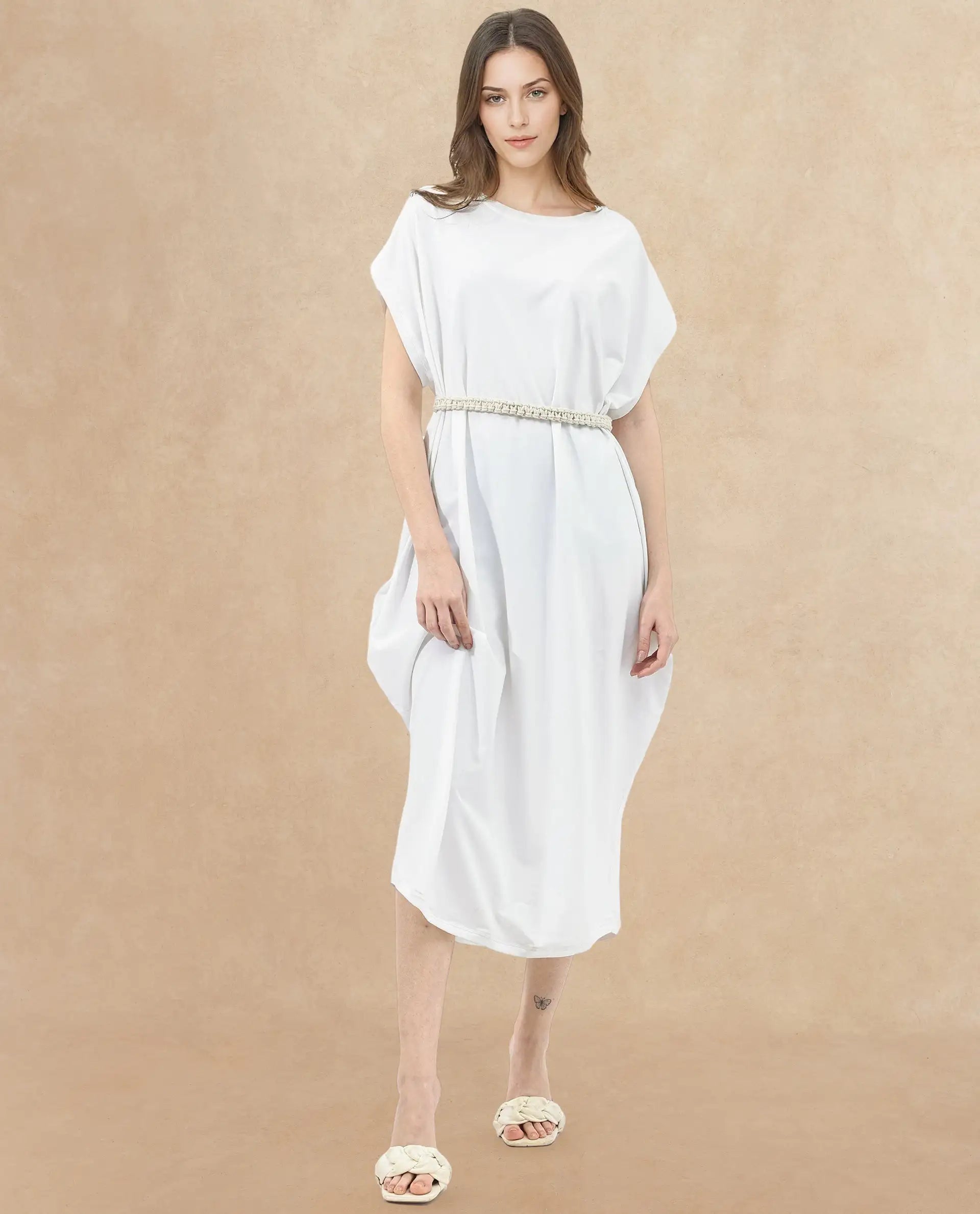 Rareism Women's Siriyo Off White Cotton Crew Neck Plain Extended Sleeves Midi Relaxed Fit Dress