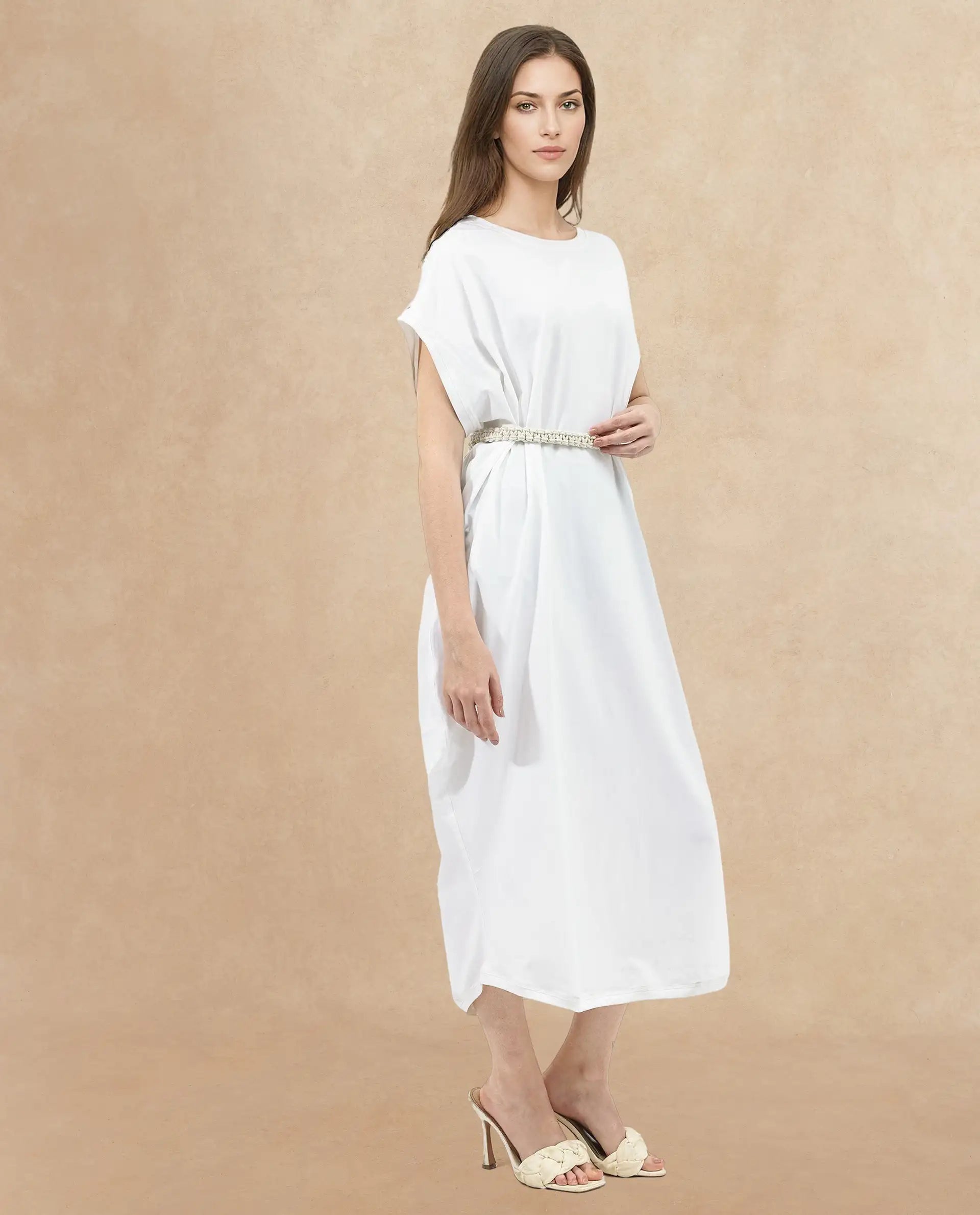 Rareism Women's Siriyo Off White Cotton Crew Neck Plain Extended Sleeves Midi Relaxed Fit Dress