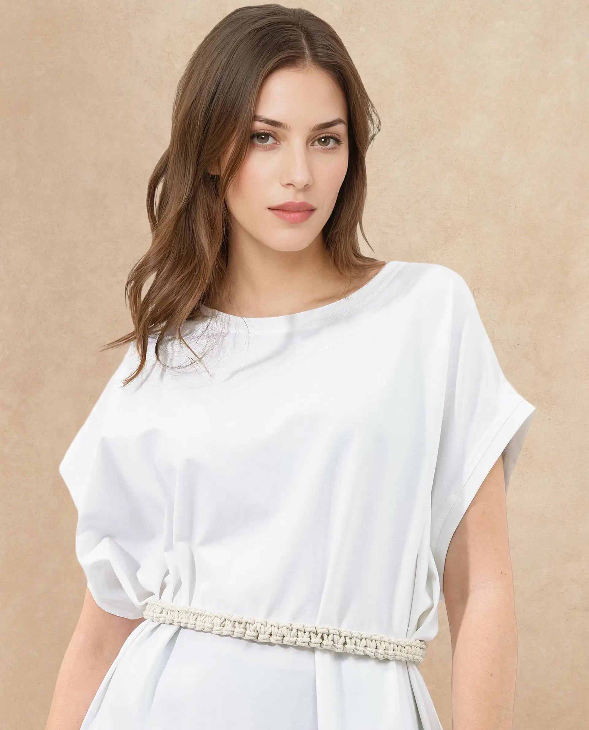 Rareism Women's Siriyo Off White Cotton Crew Neck Plain Extended Sleeves Midi Relaxed Fit Dress