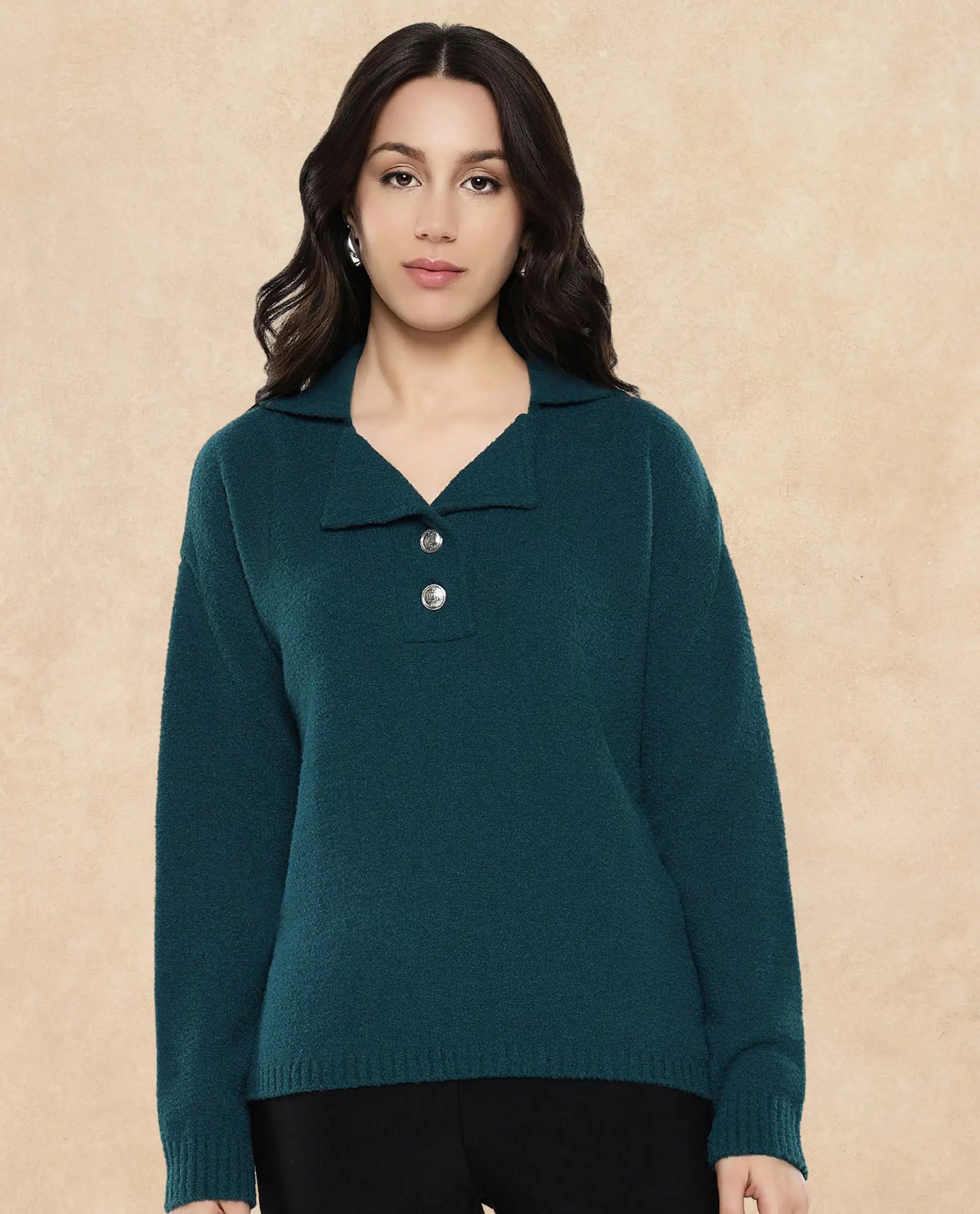 Rareism Women Sirnak Green Relaxed Fit Plain Sweater