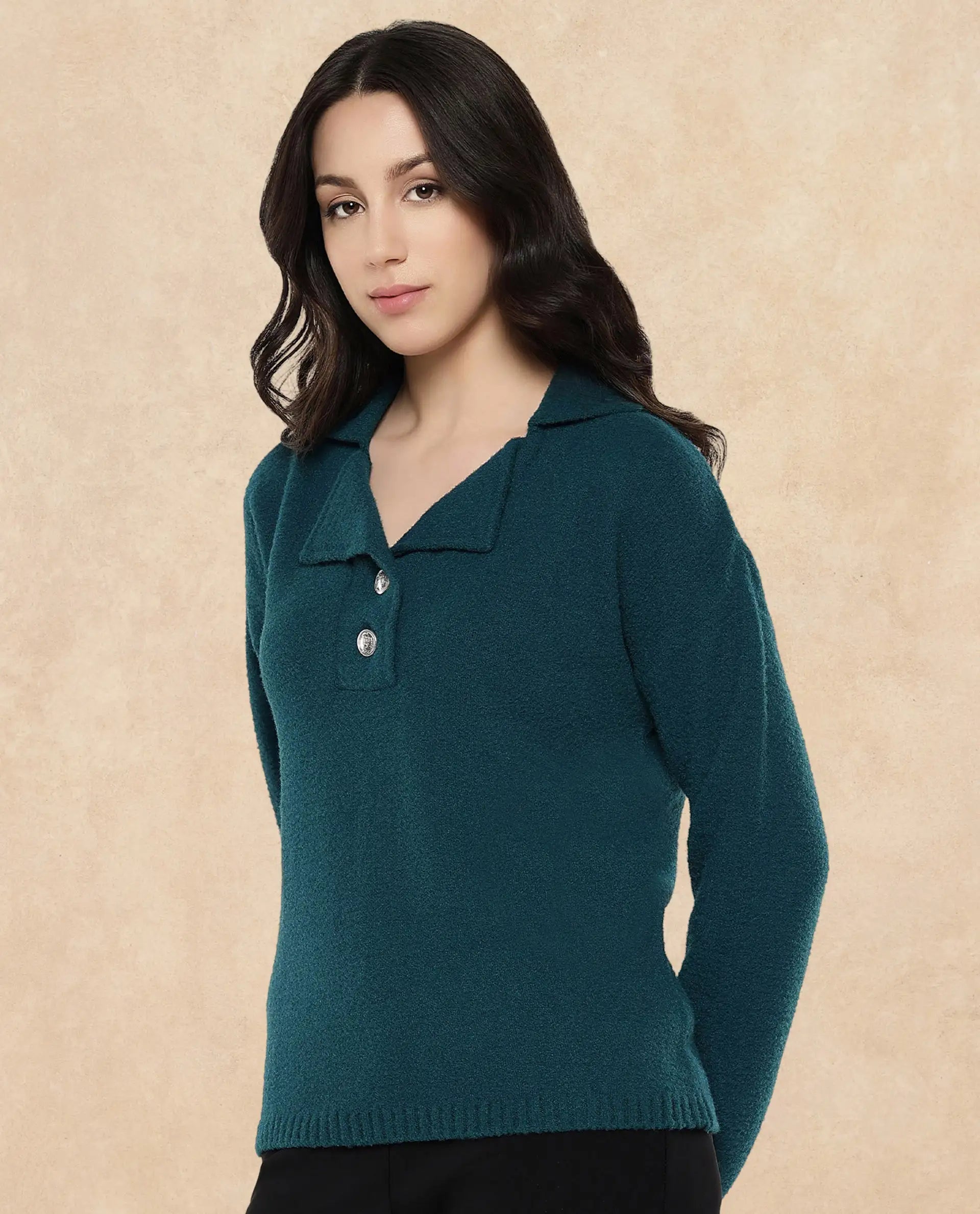 Rareism Women Sirnak Green Relaxed Fit Plain Sweater