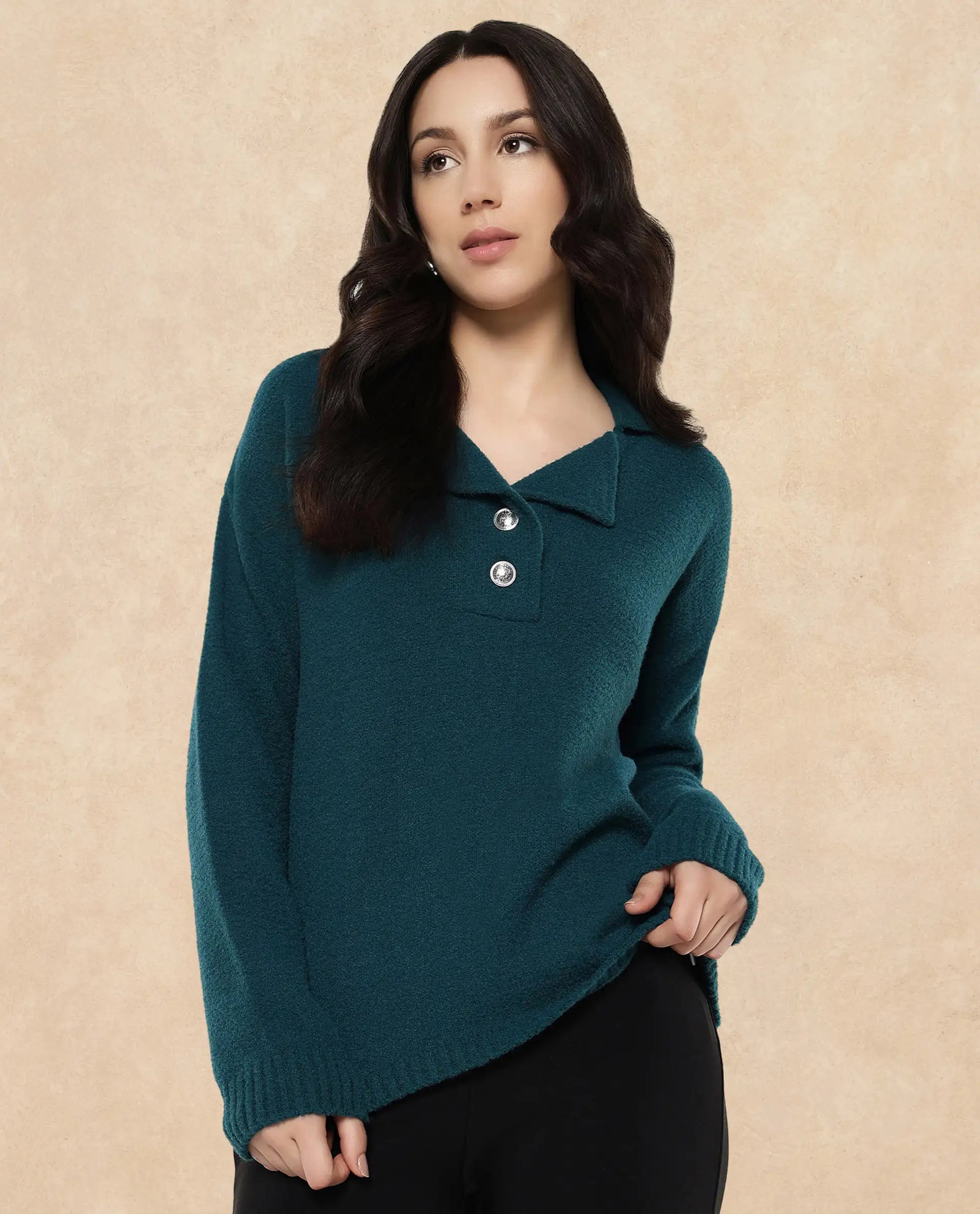 Rareism Women Sirnak Green Relaxed Fit Plain Sweater