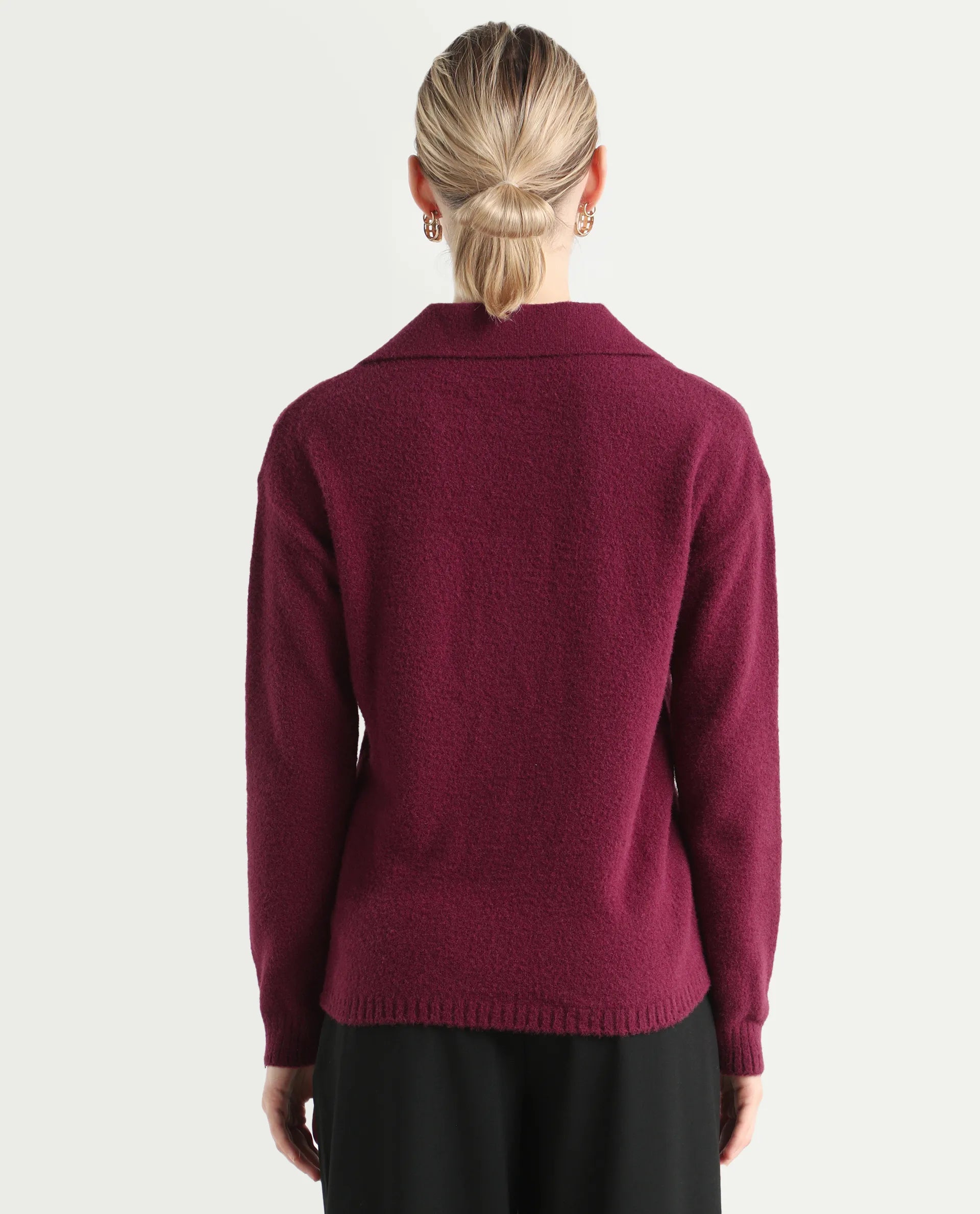 Rareism Women's Sirnak Maroon Drop Collar Plain Relaxed Fit Sweater