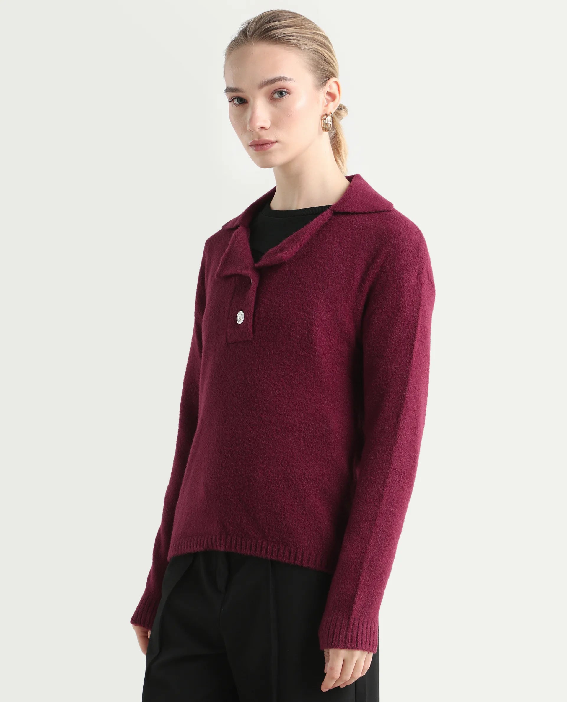 Rareism Women's Sirnak Maroon Drop Collar Plain Relaxed Fit Sweater