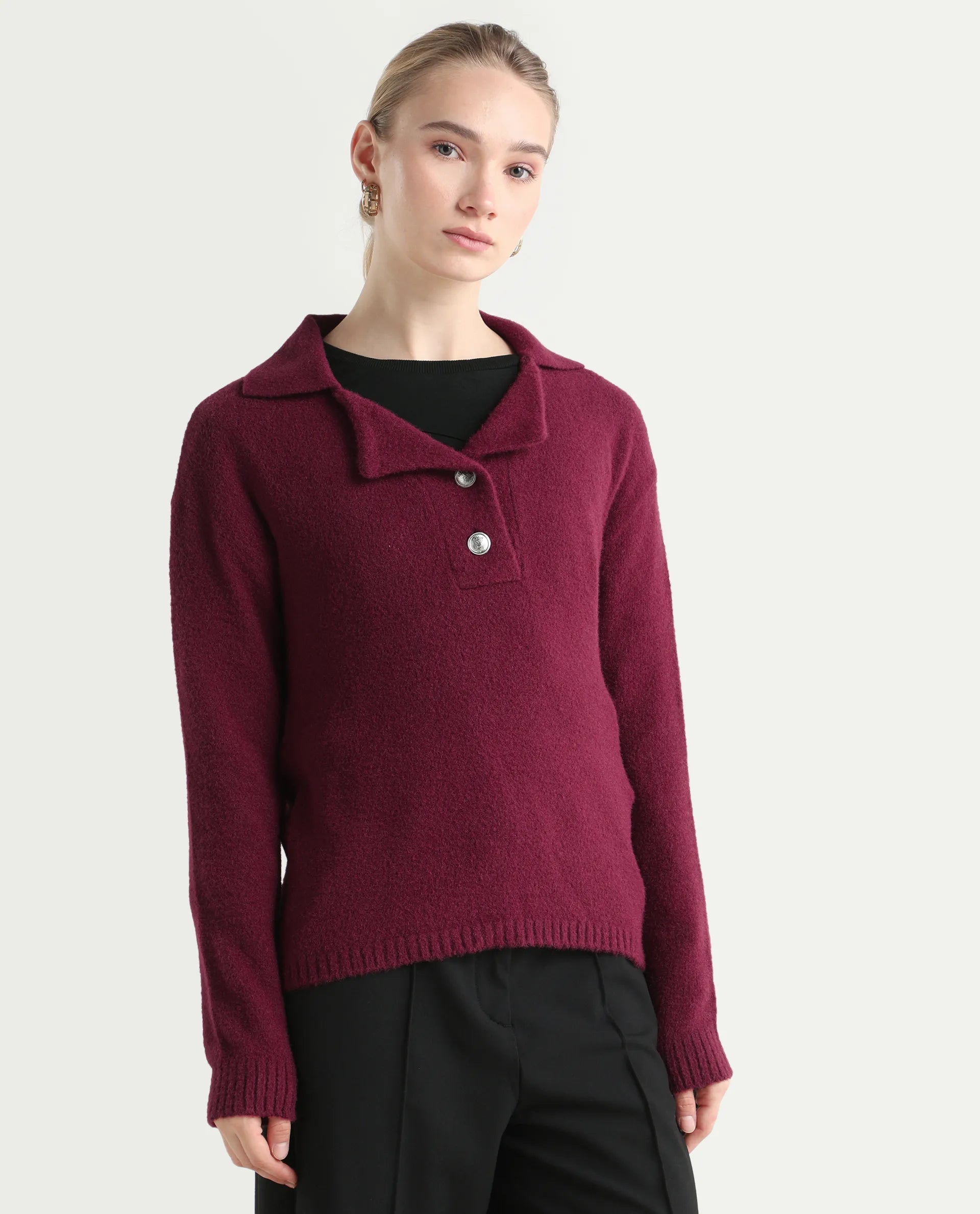 Rareism Women's Sirnak Maroon Drop Collar Plain Relaxed Fit Sweater