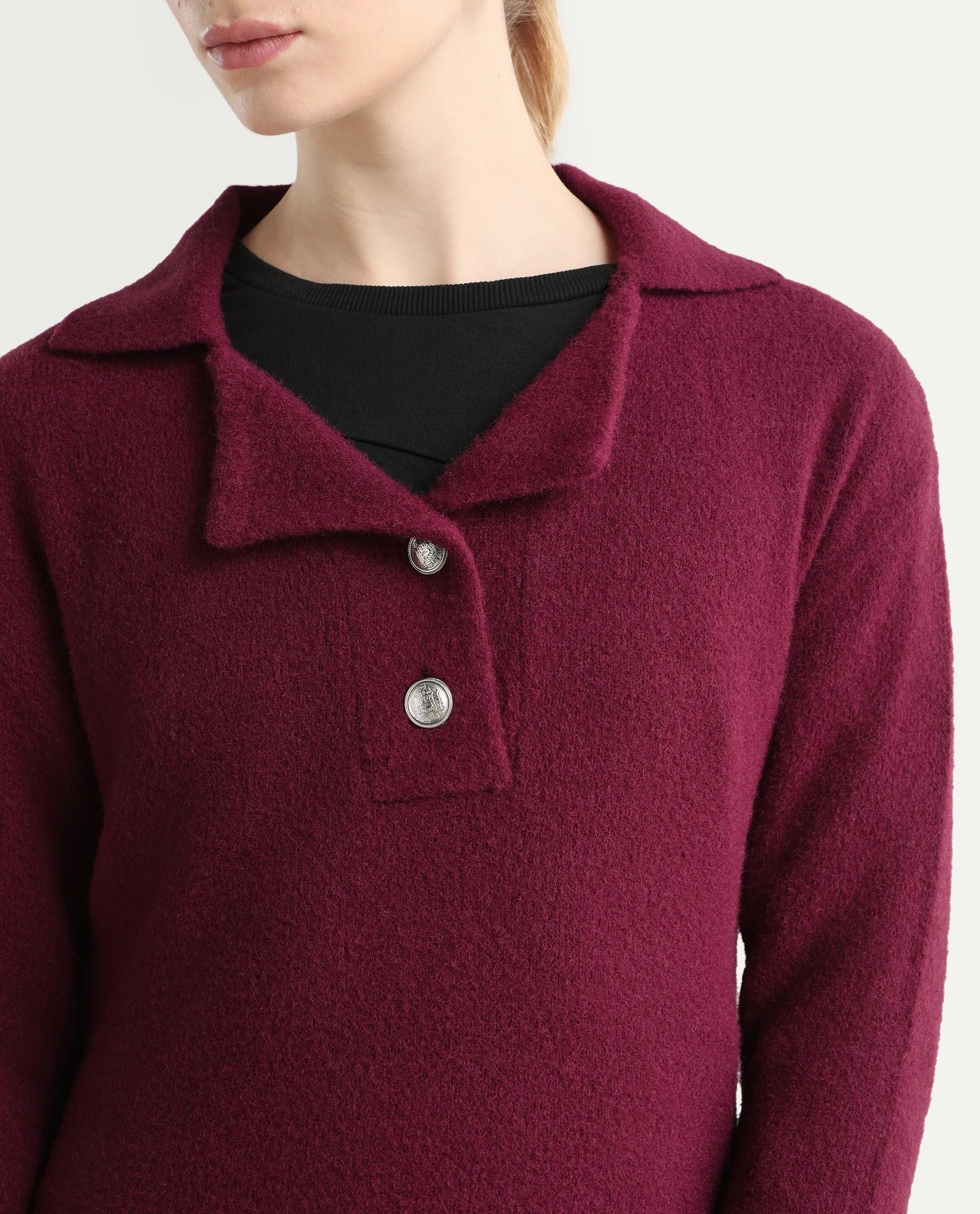 Rareism Women's Sirnak Maroon Drop Collar Plain Relaxed Fit Sweater