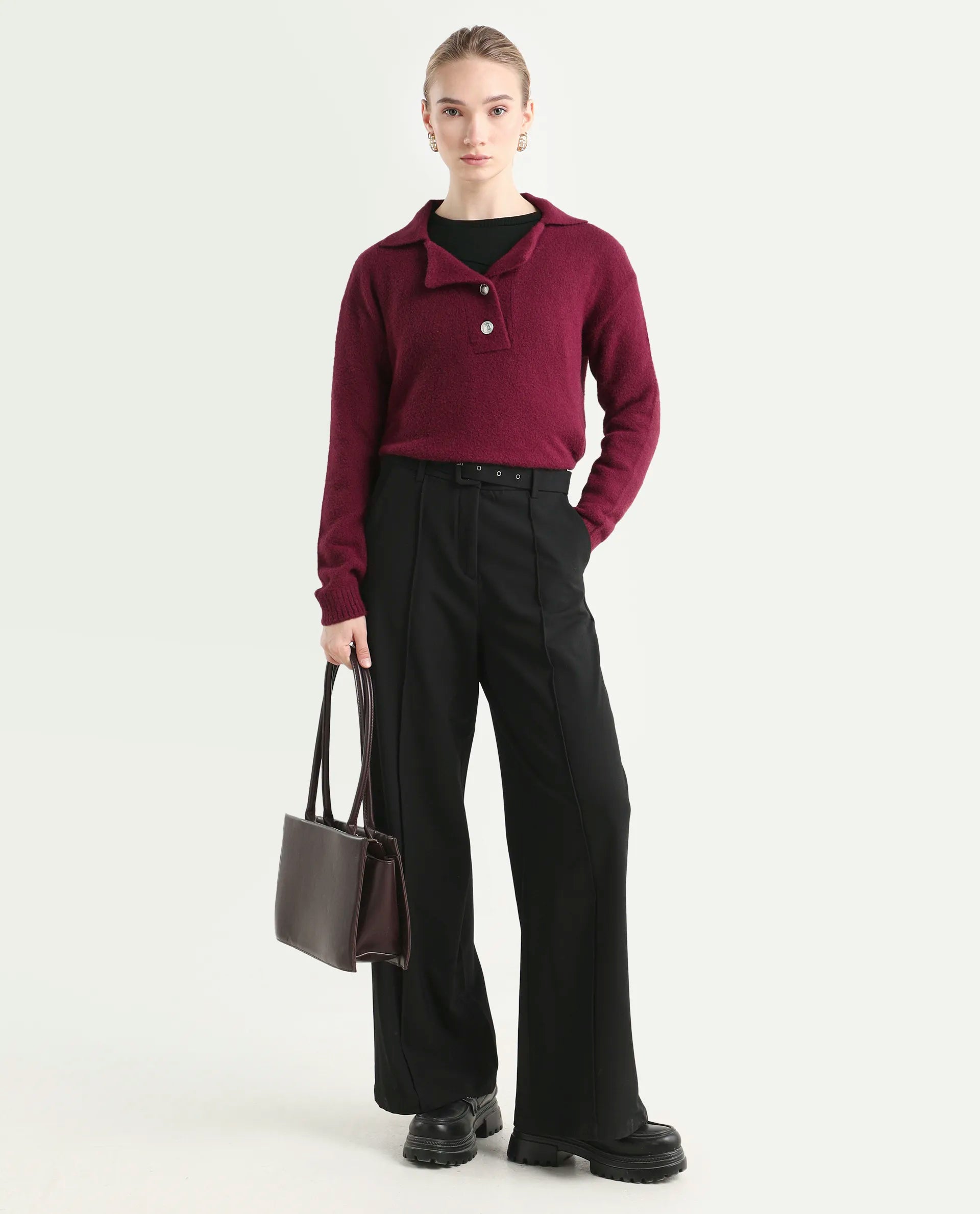 Rareism Women's Sirnak Maroon Drop Collar Plain Relaxed Fit Sweater
